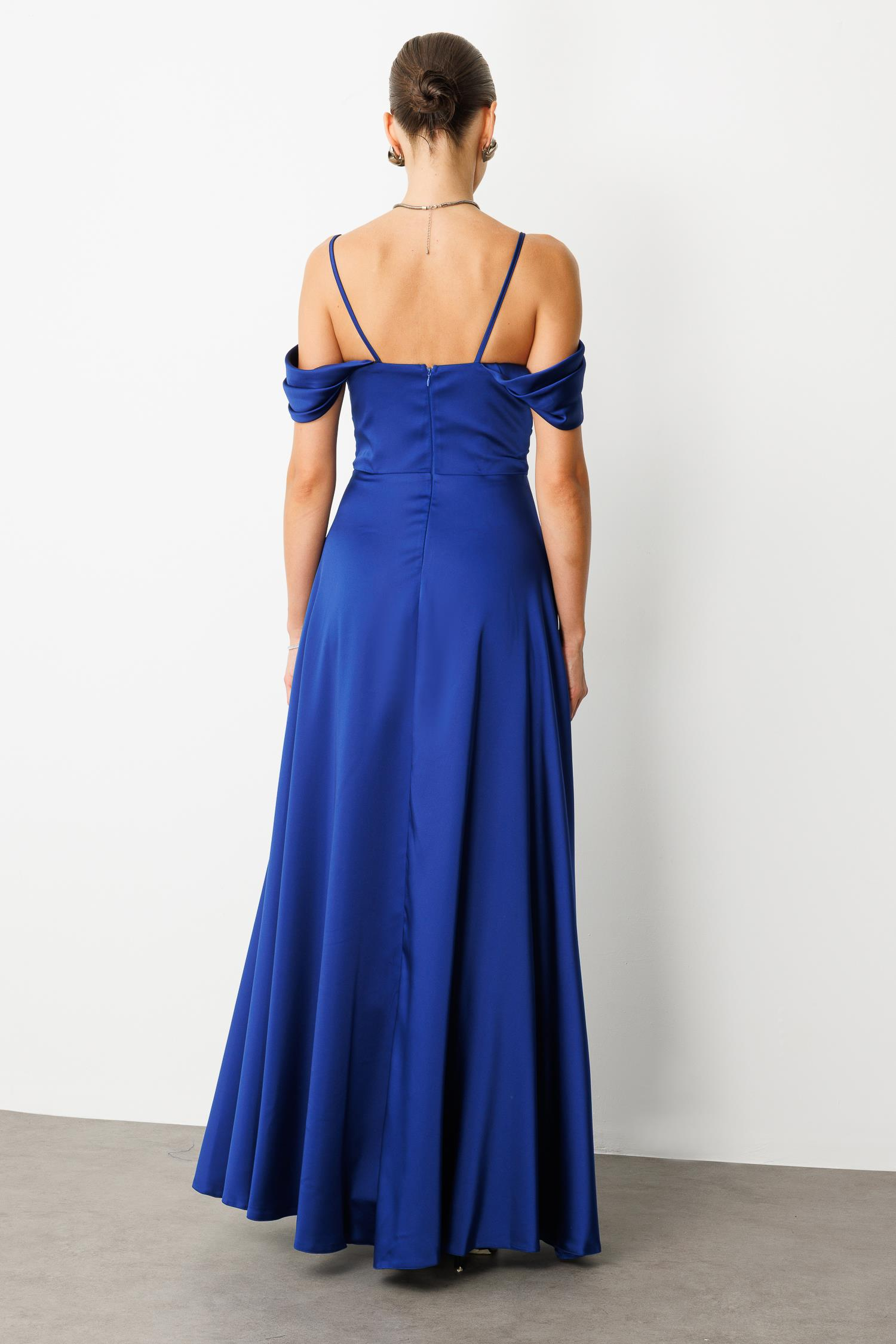 Düşük Kol Saten Abiye Elbise-SAX