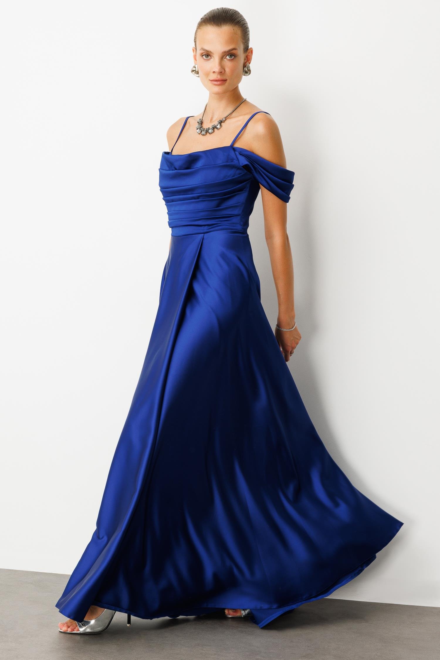 Düşük Kol Saten Abiye Elbise-SAX