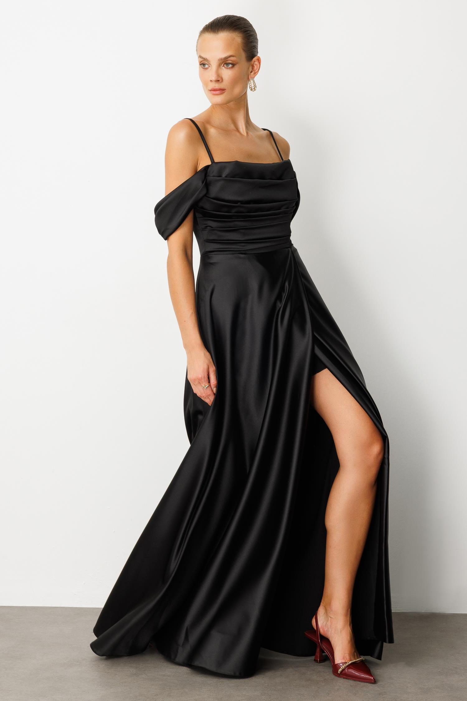 Düşük Kol Saten Abiye Elbise-SİYAH