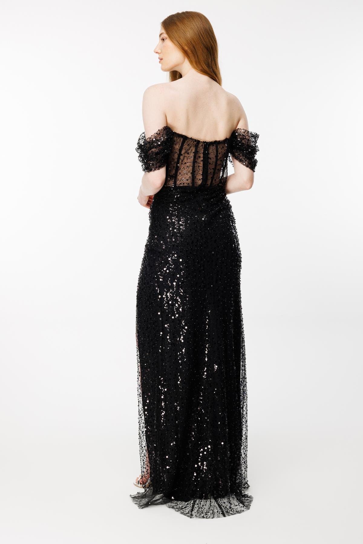 Düşük Omuz Balenli Ve Payetli Abiye - SİYAH