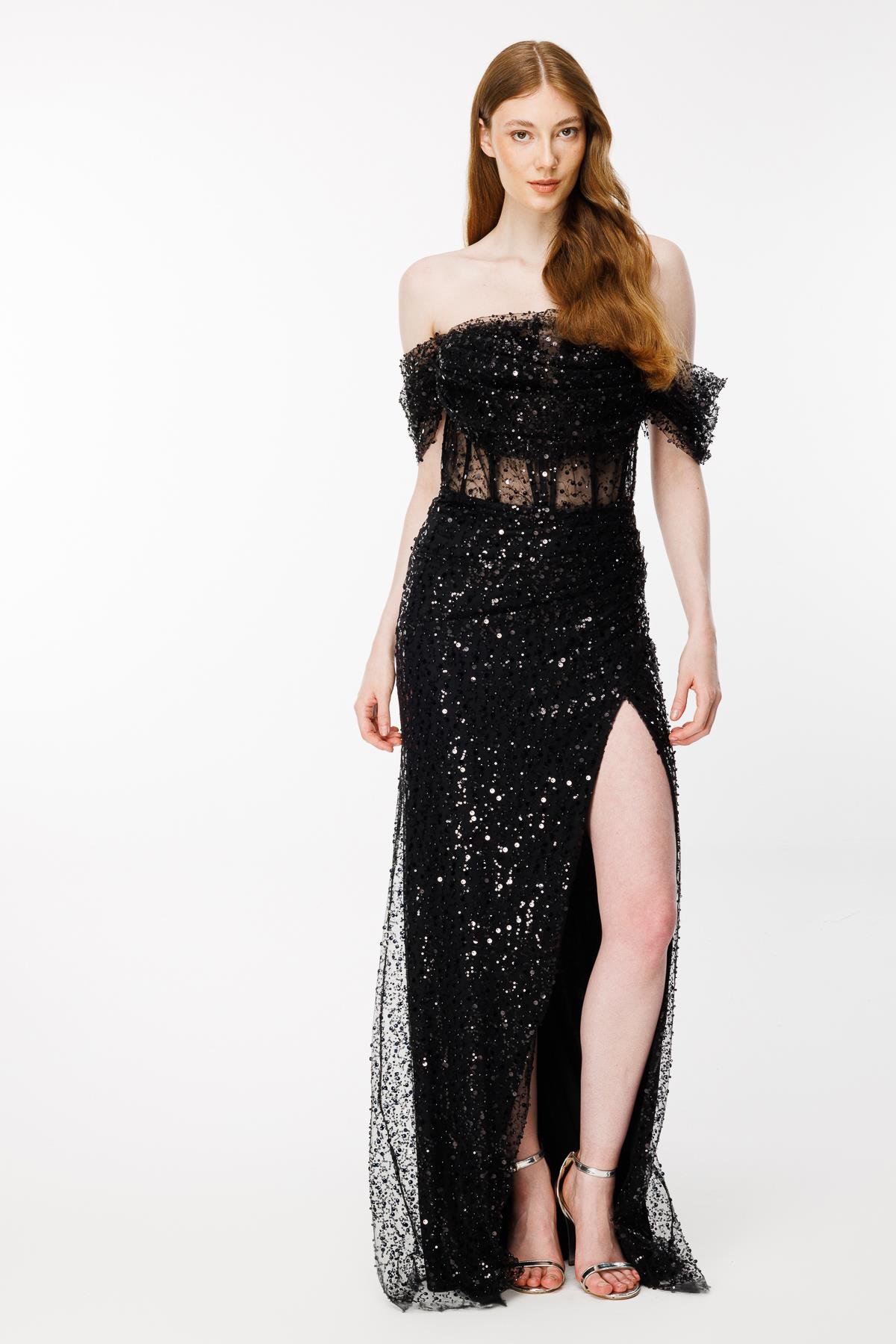 Düşük Omuz Balenli Ve Payetli Abiye - SİYAH