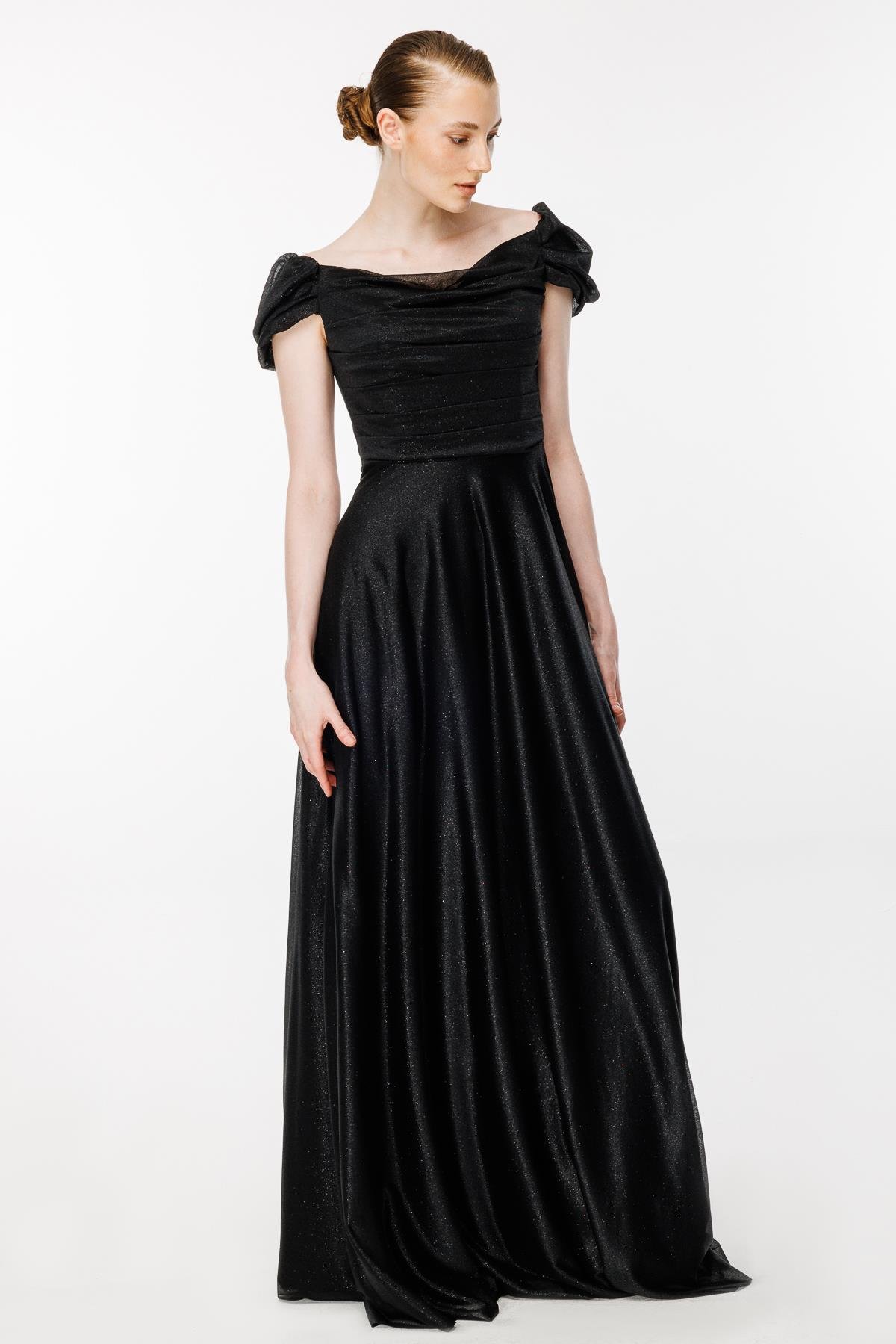 Düşük Omuz Drape Ve Sim Detaylı Uzun Abiye - SİYAH