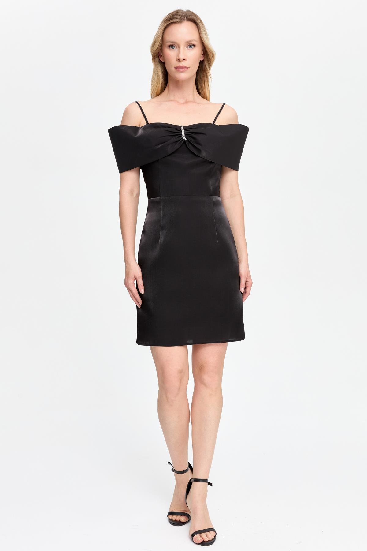 Düşük Omuz Taş Detaylı Kısa Abiye - SİYAH