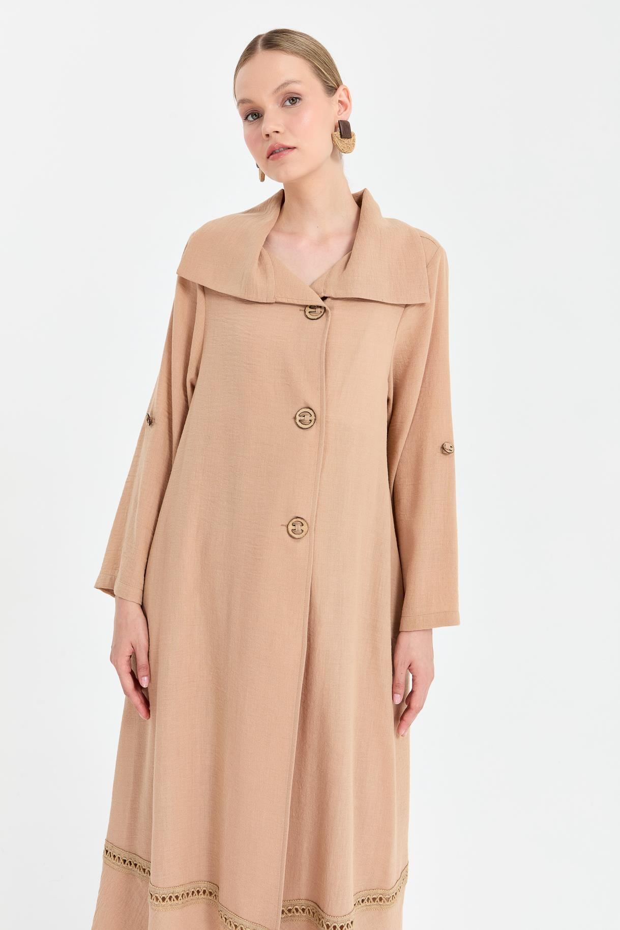 Eteği Detaylı Keten Uzun Ferace - CAMEL
