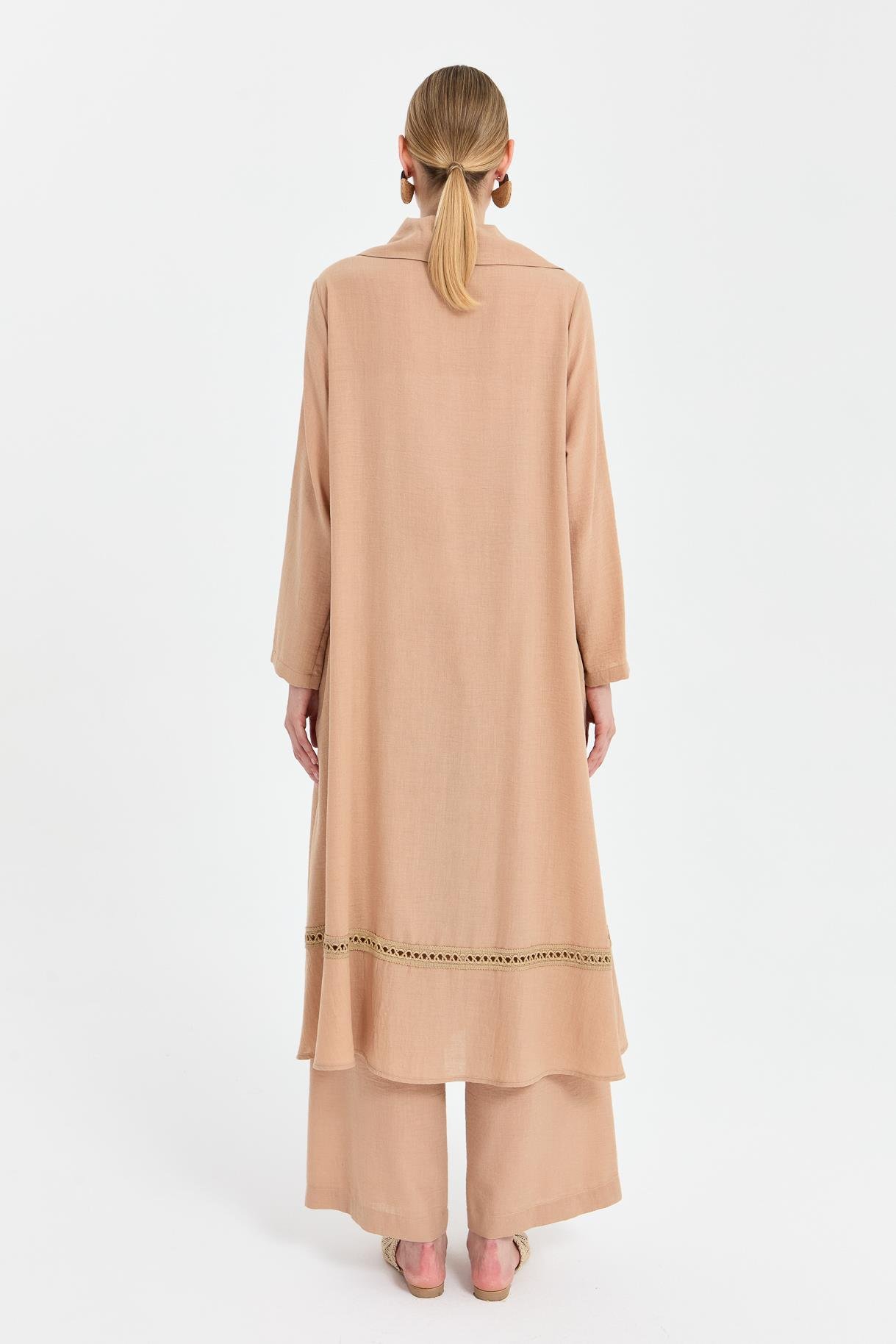 Eteği Detaylı Keten Uzun Ferace - CAMEL