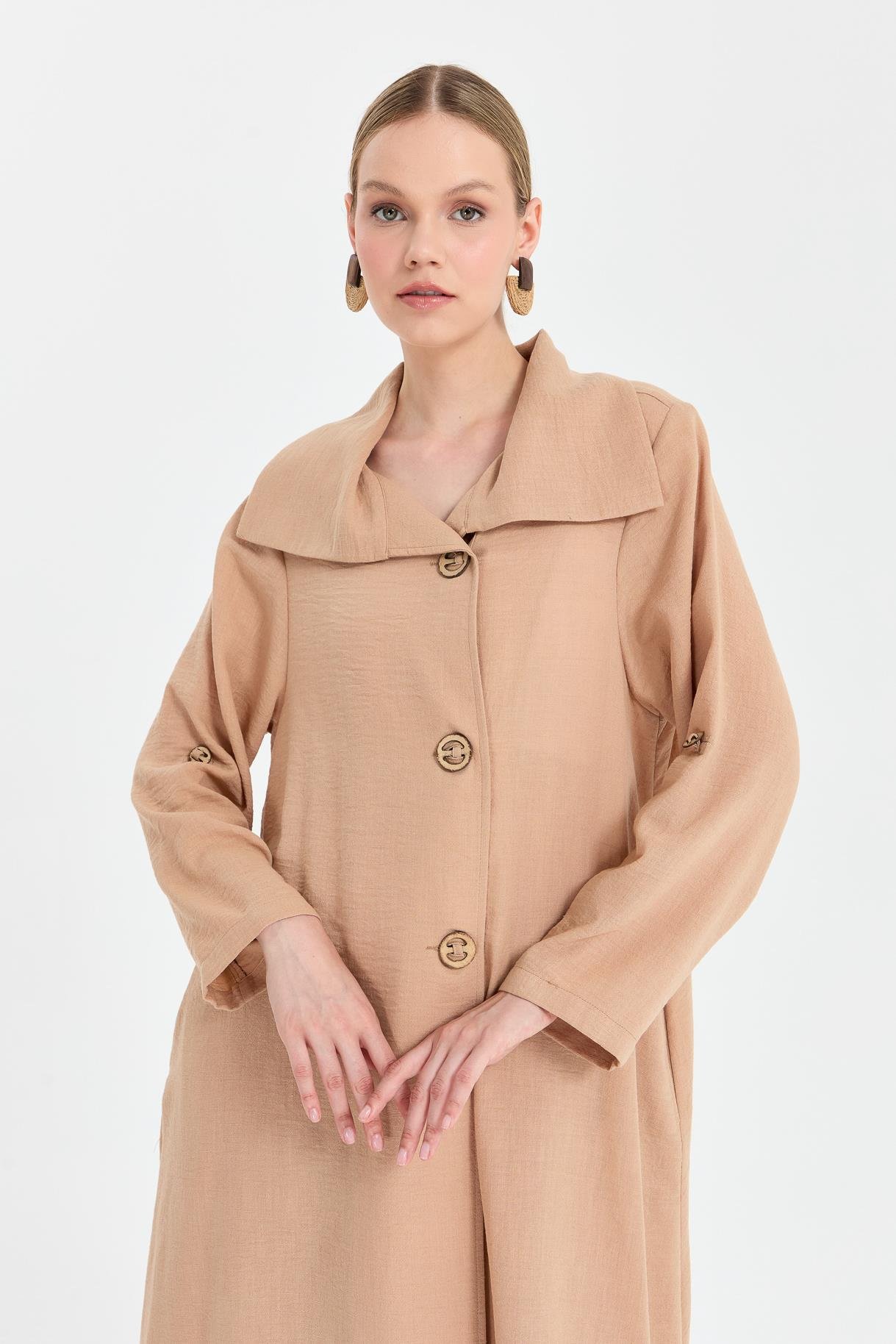 Eteği Detaylı Keten Uzun Ferace - CAMEL