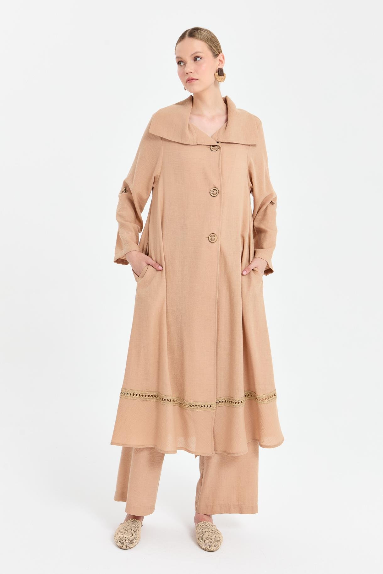 Eteği Detaylı Keten Uzun Ferace - CAMEL