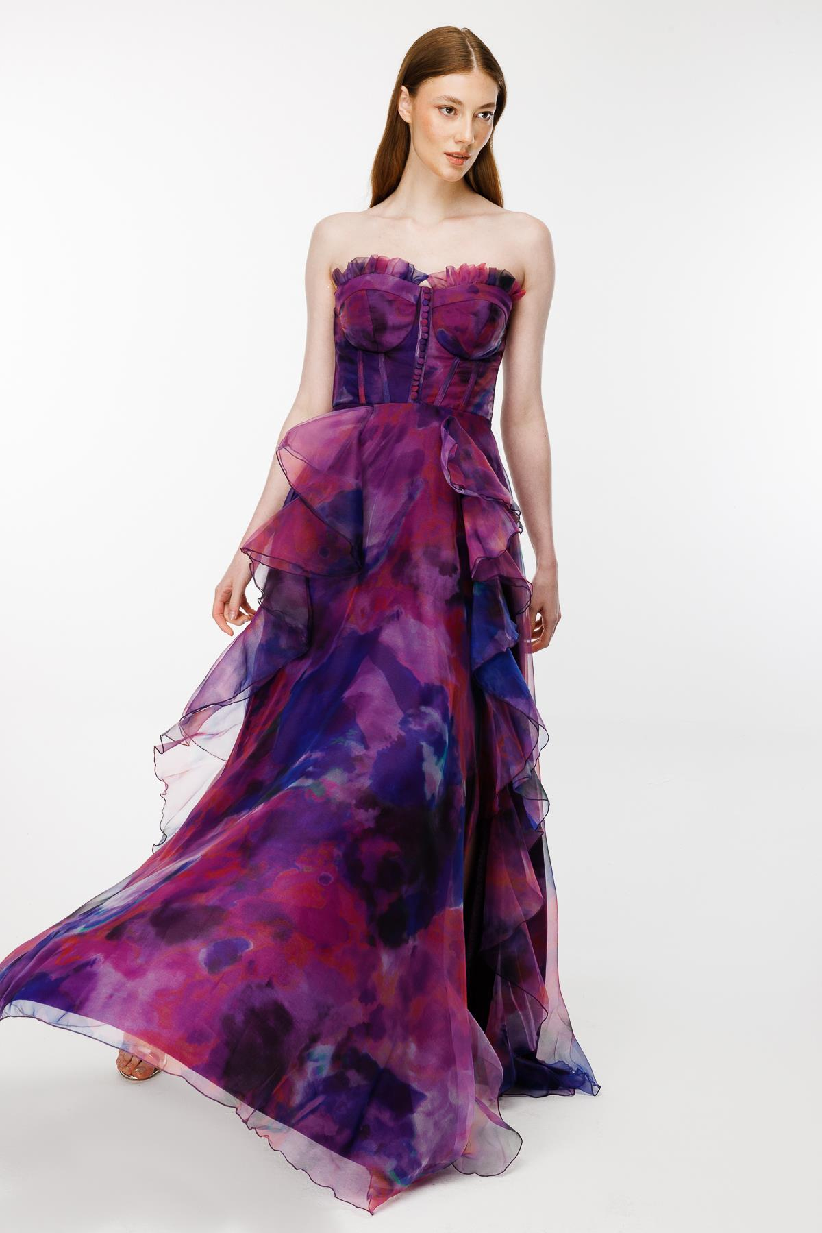 Eteği Volanlı Renk Geçişli Straplez Abiye - MOR