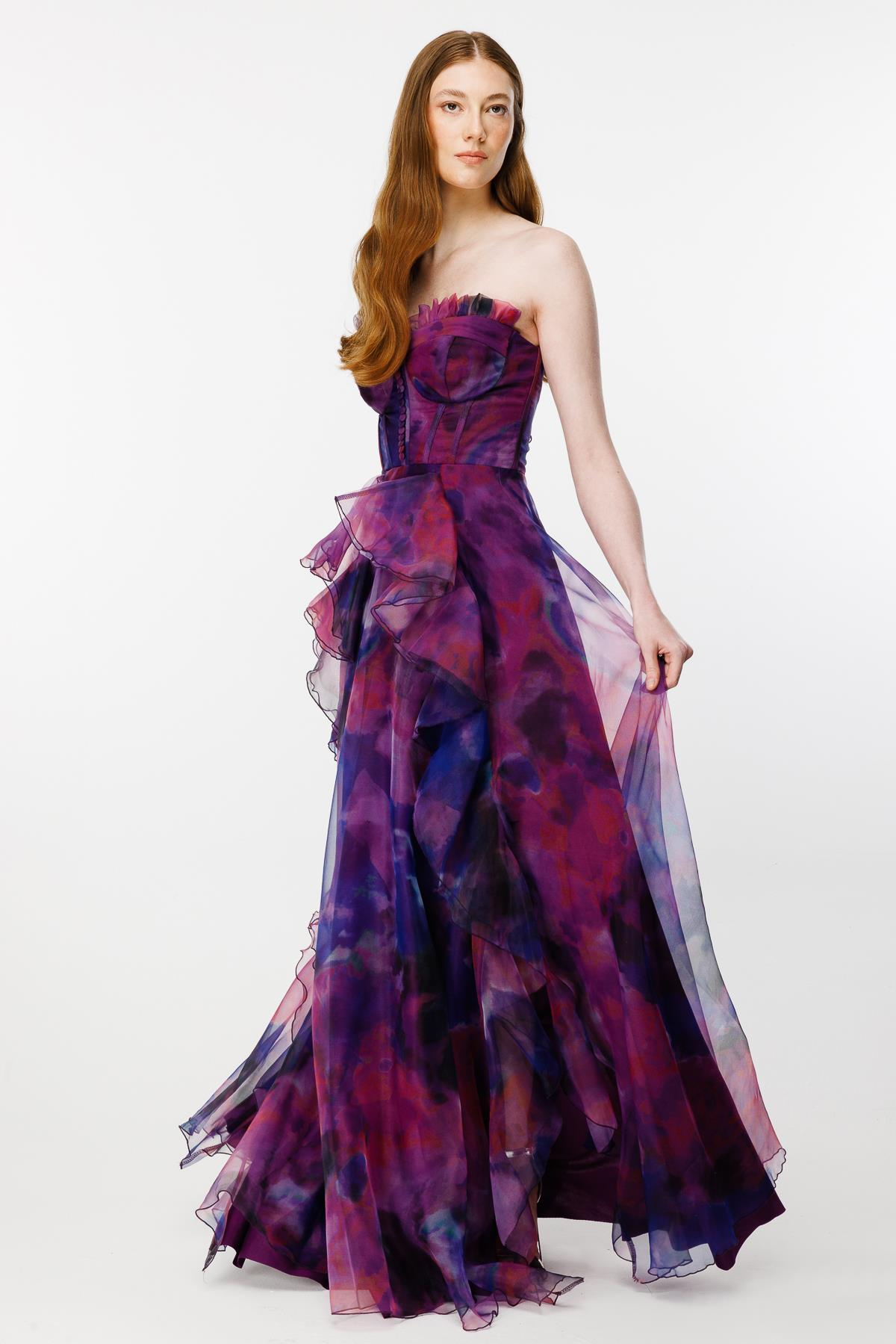 Eteği Volanlı Renk Geçişli Straplez Abiye - MOR