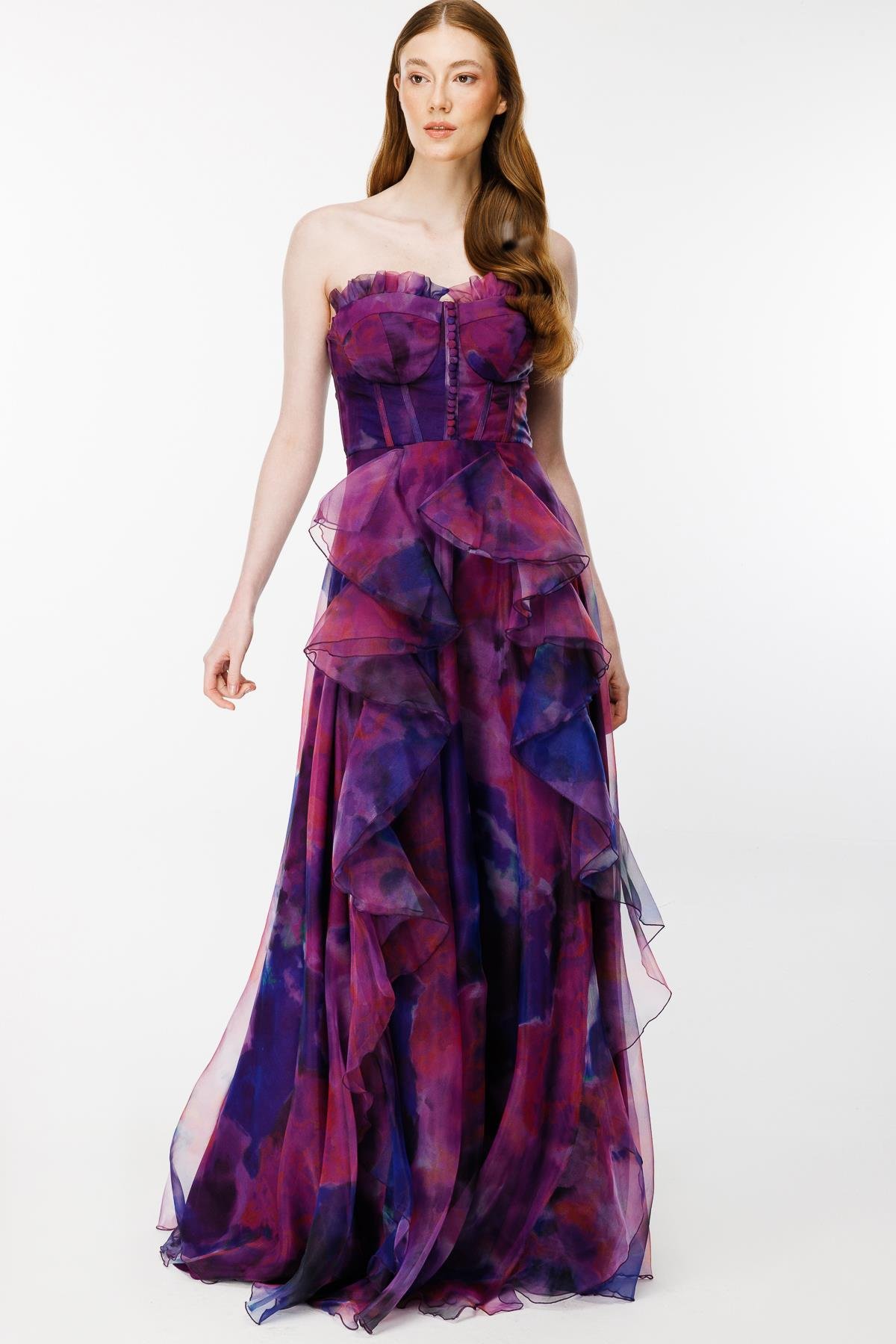 Eteği Volanlı Renk Geçişli Straplez Abiye - MOR