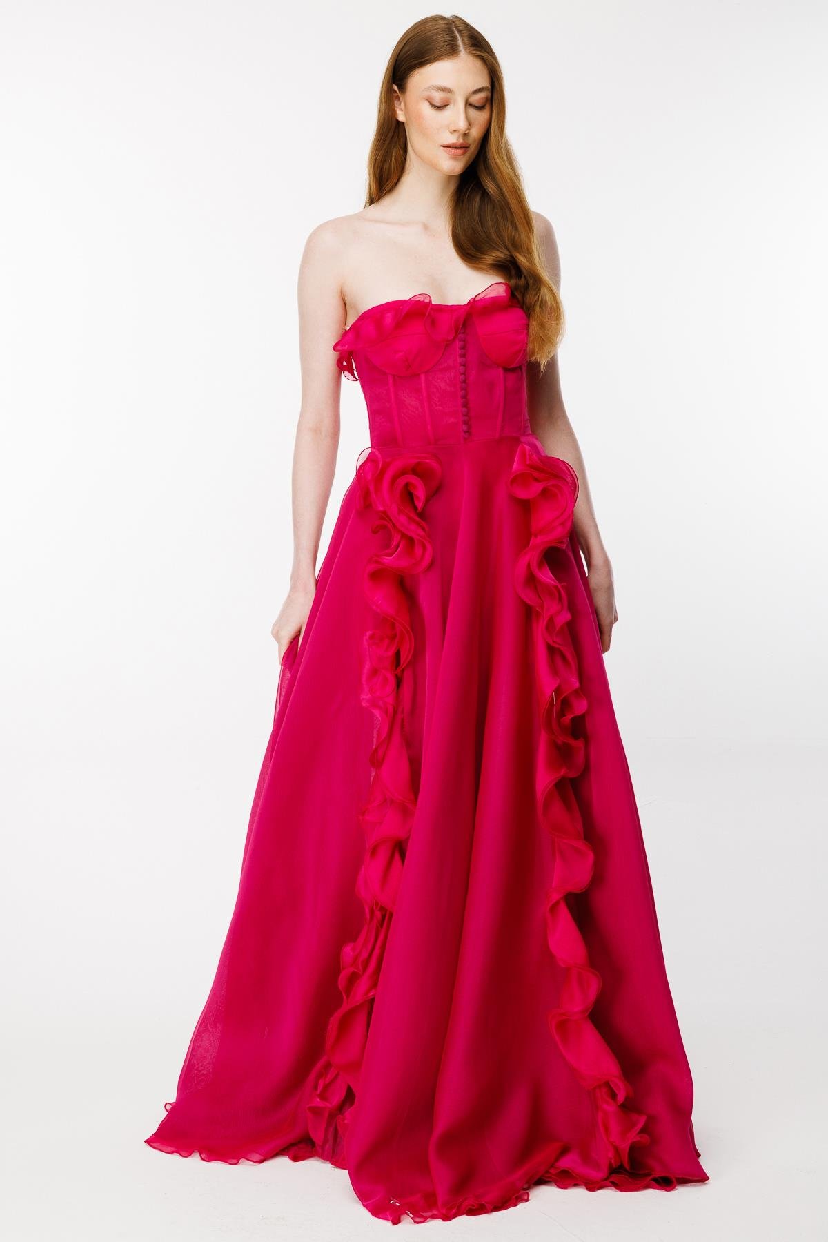 Eteği Volanlı Straplez Abiye - FUJYA