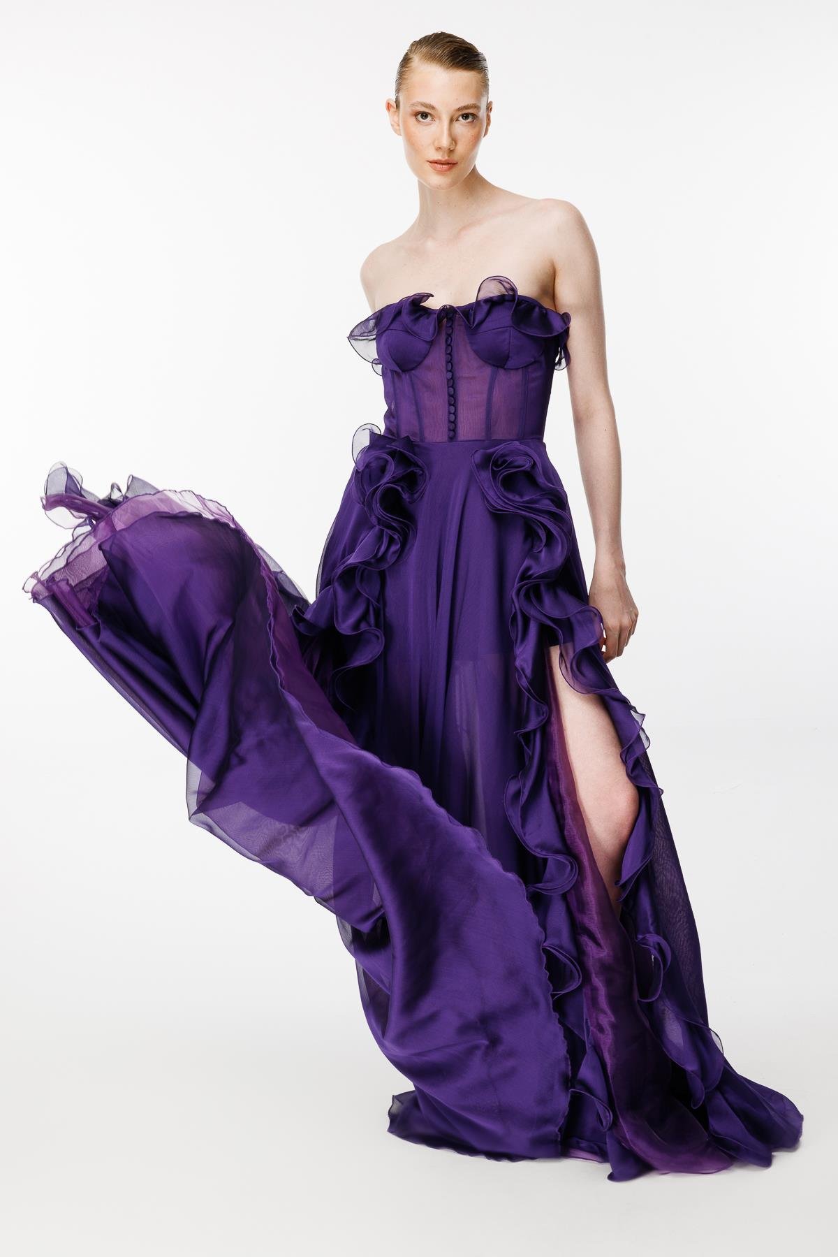 Eteği Volanlı Straplez Abiye - MOR