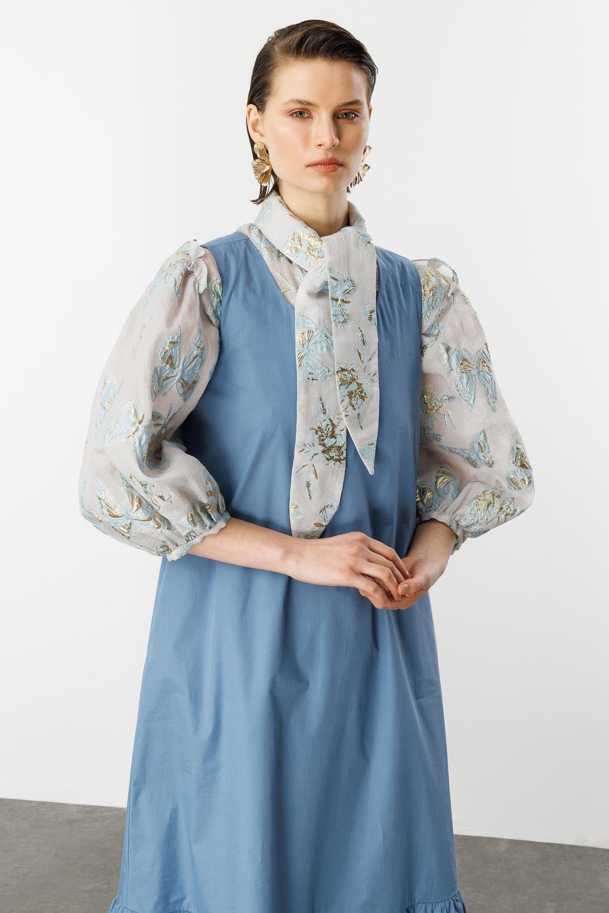 Eteği Volanlı Uzun Elbise-İNDİGO