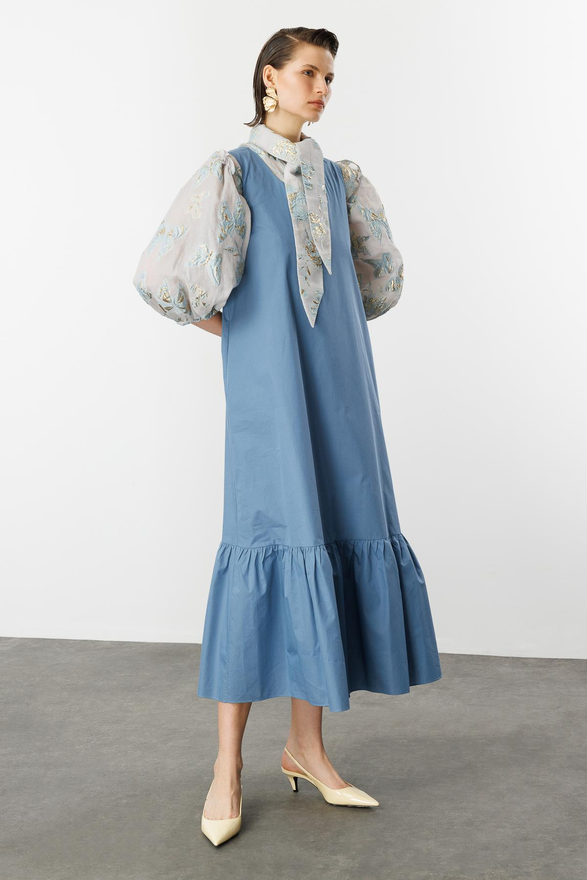 Eteği Volanlı Uzun Elbise-İNDİGO