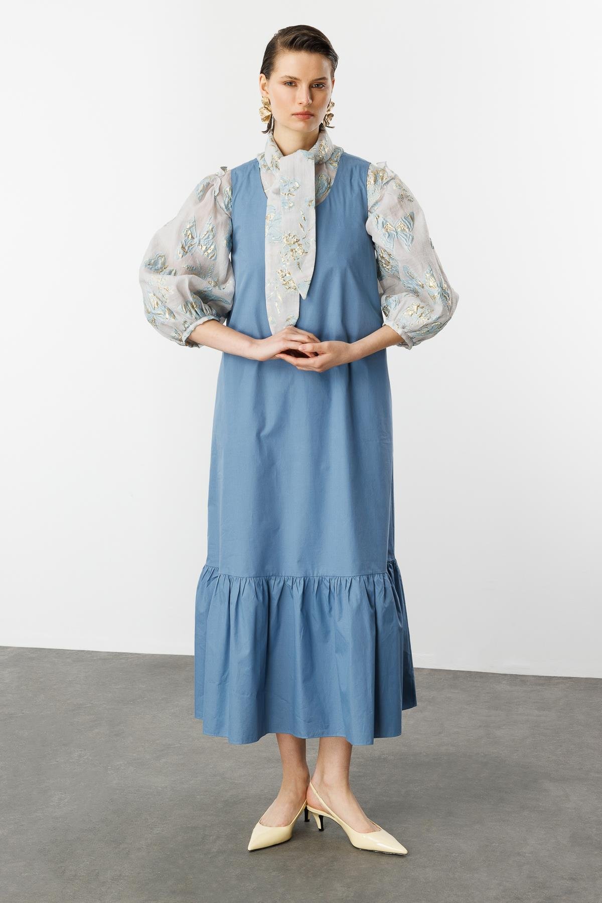 Eteği Volanlı Uzun Elbise-İNDİGO