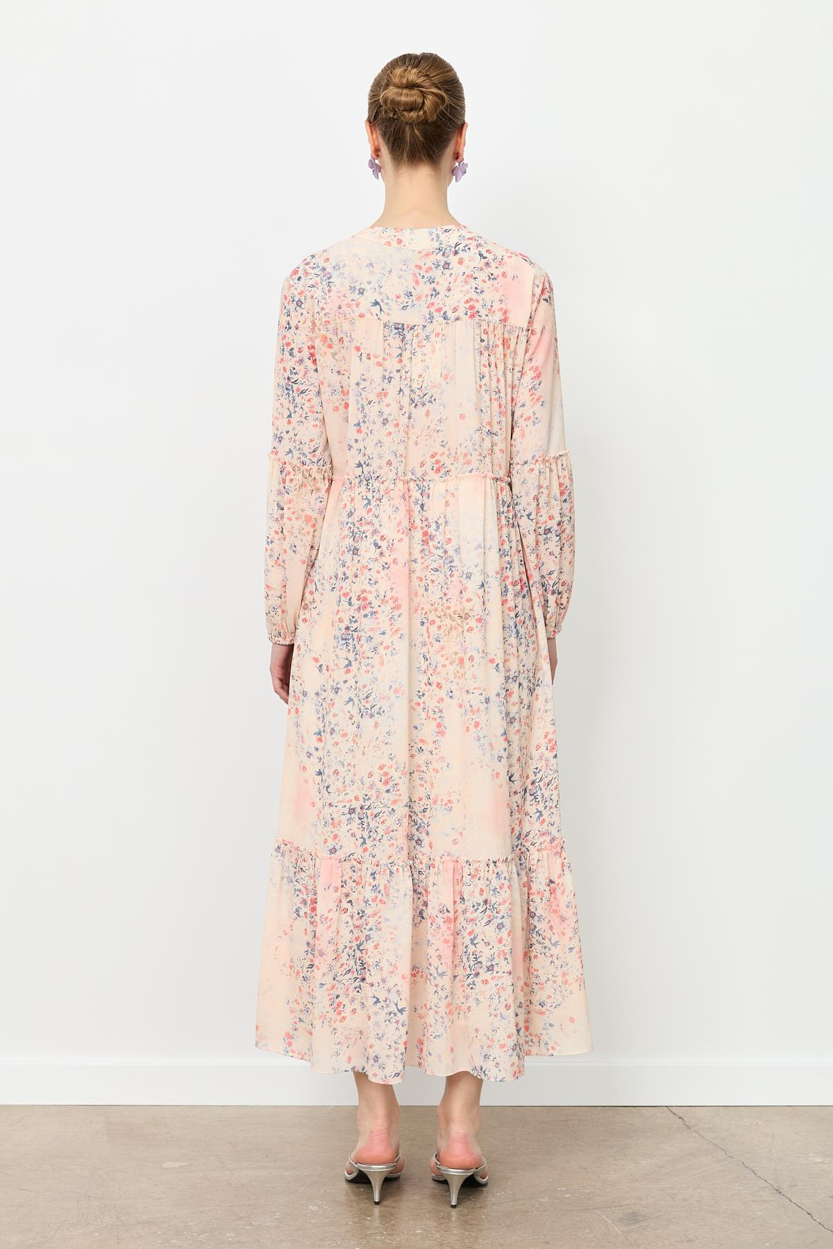 Eteği Volanlı Uzun Şifon Elbise-KIRMIZI