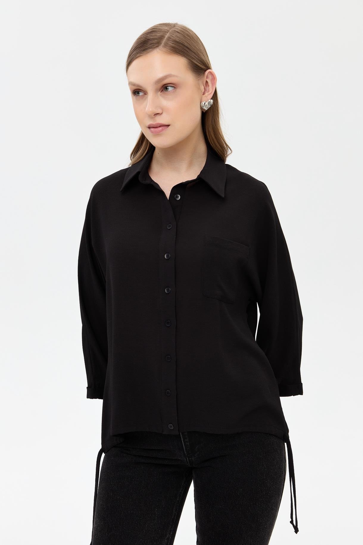 Etek Ucu Büzgülü Gömlek - SİYAH