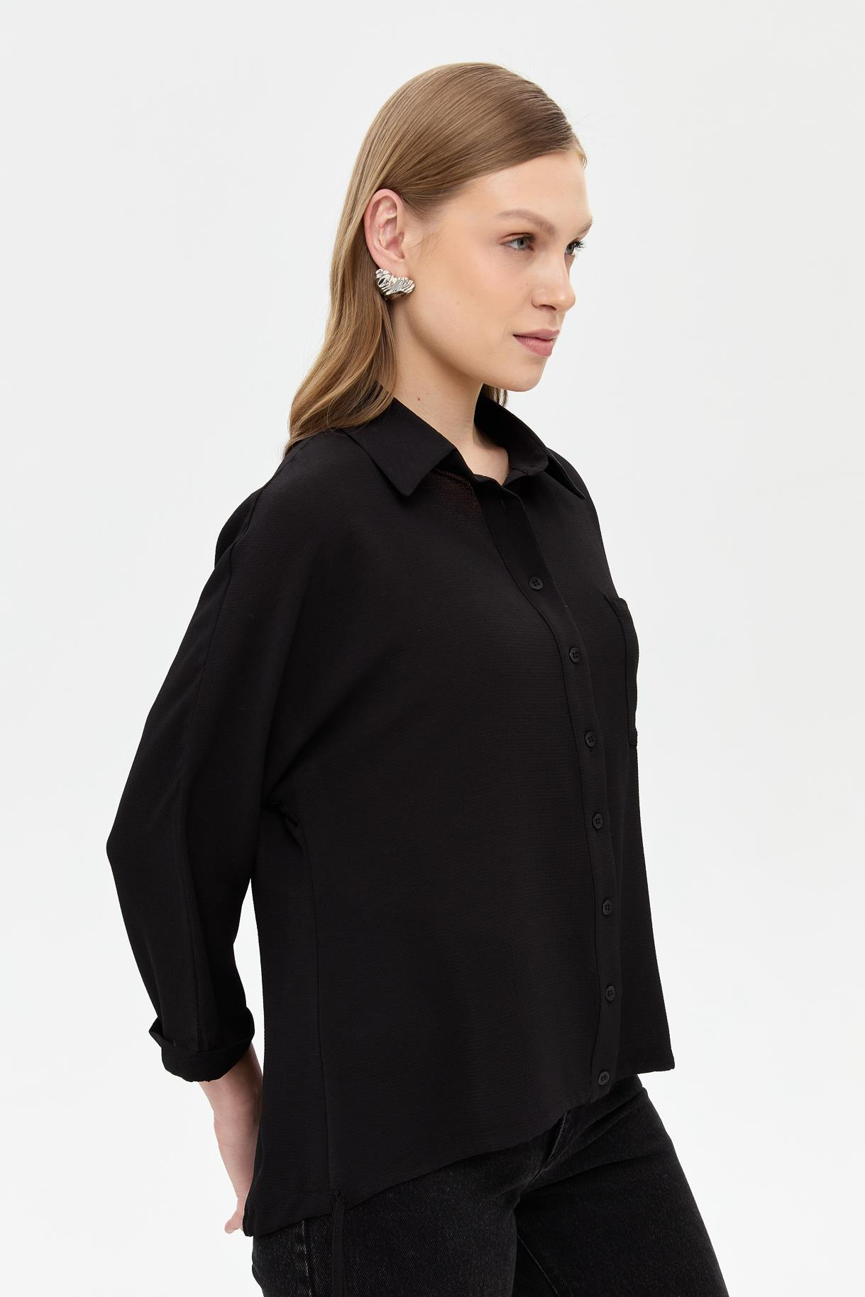 Etek Ucu Büzgülü Gömlek - SİYAH