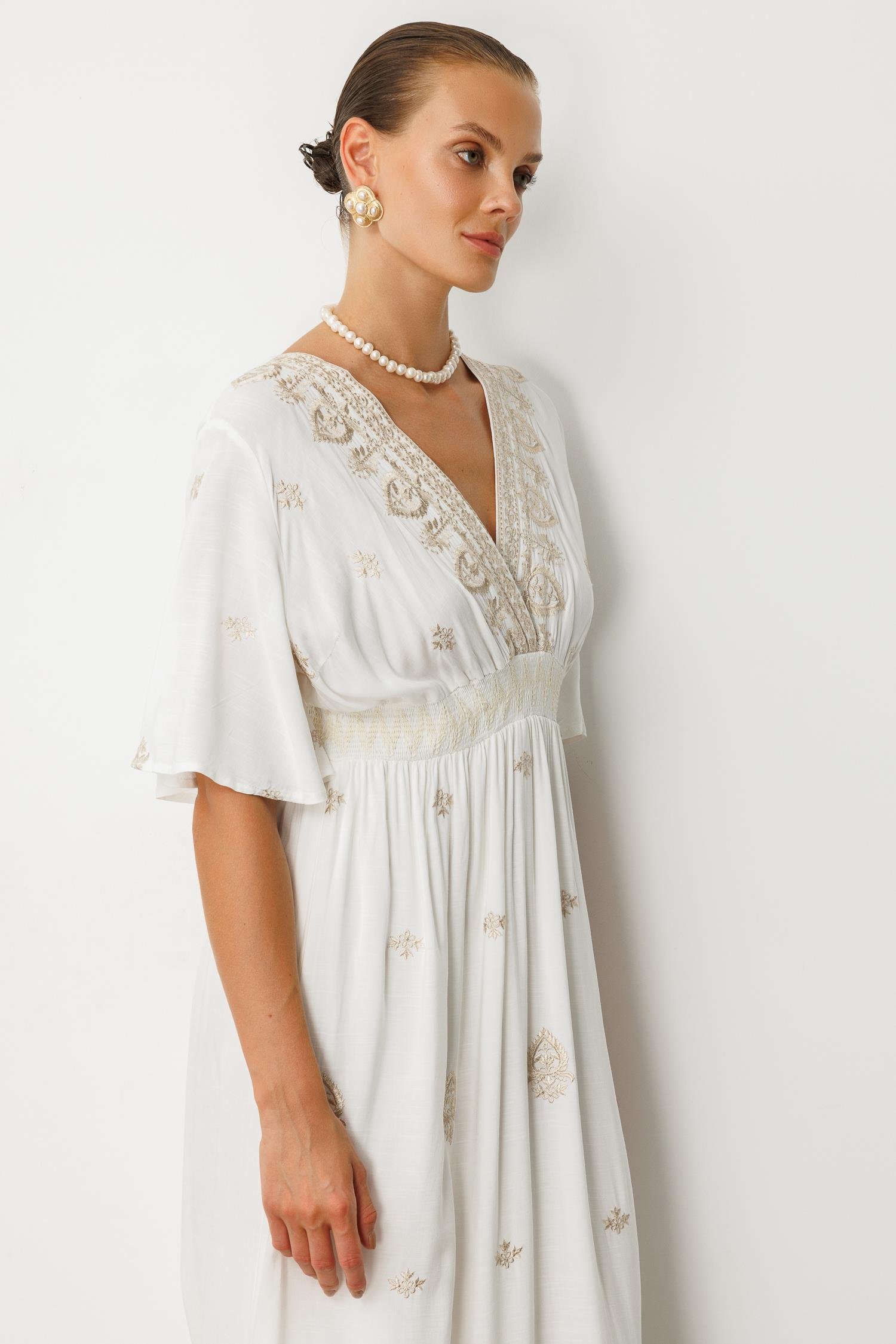 Etnik Desen İşlemeli Uzun Elbise-EKRU