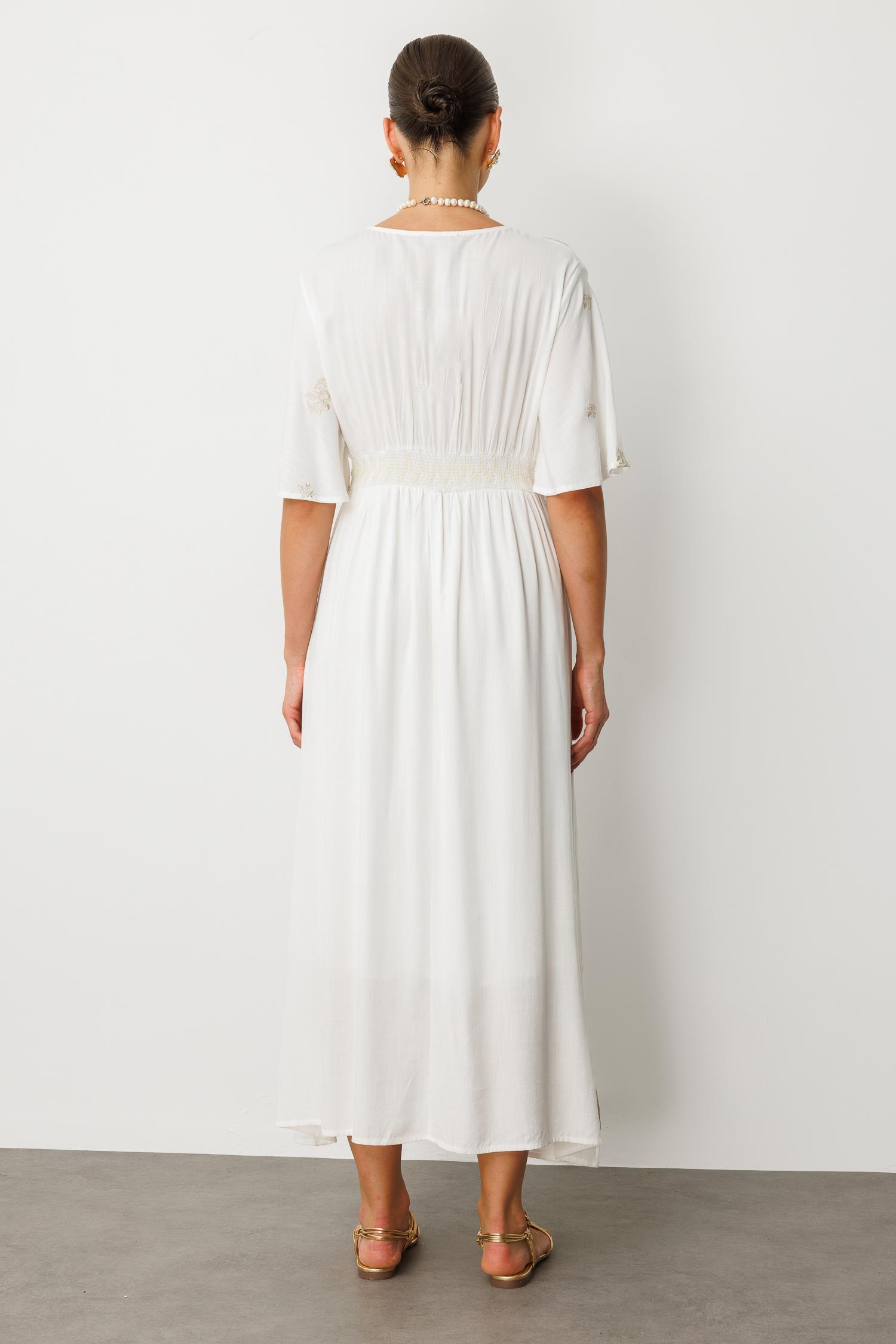 Etnik Desen İşlemeli Uzun Elbise-EKRU