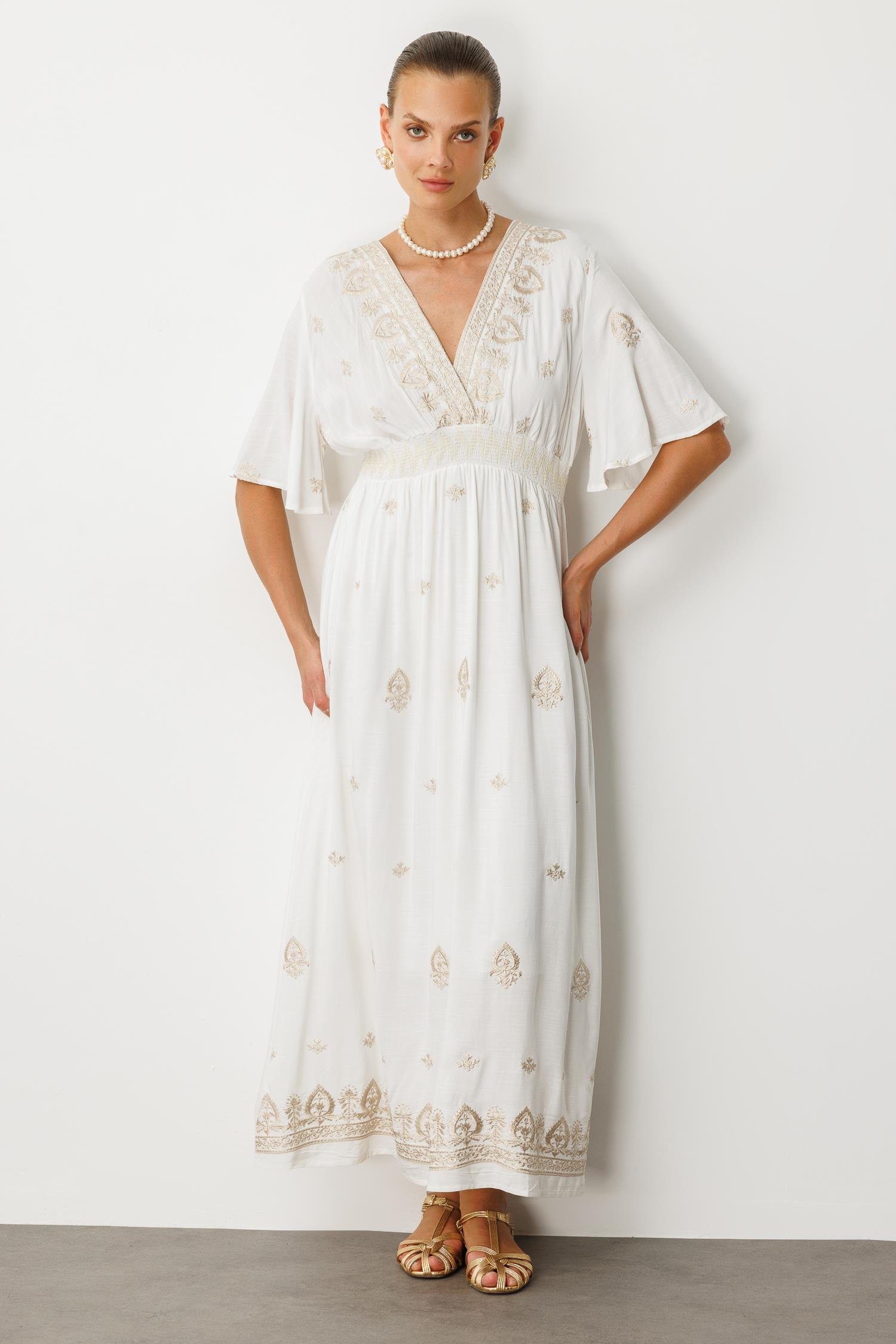 Etnik Desen İşlemeli Uzun Elbise-EKRU