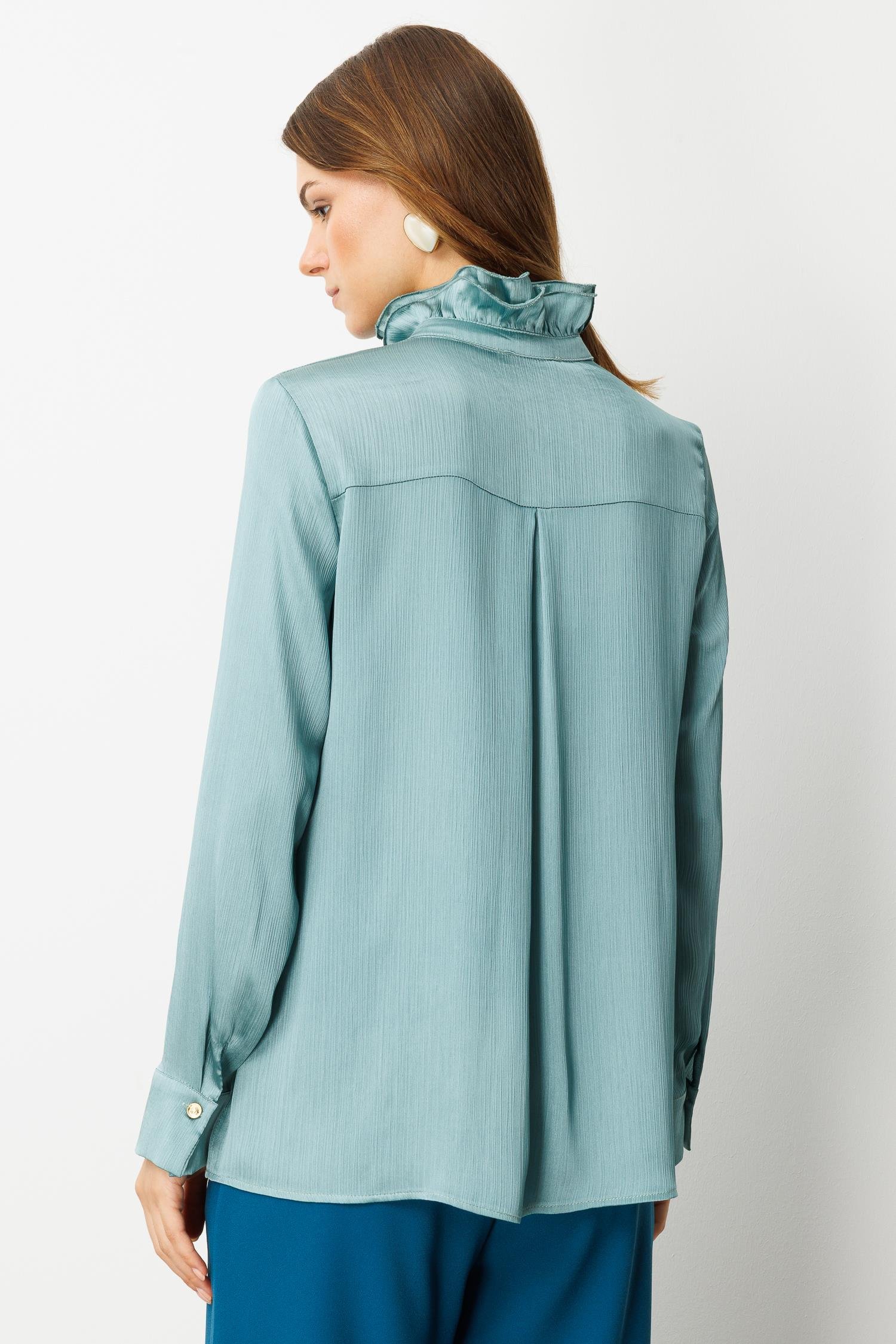 Farbela Detaylı Saten Gömlek-MINT