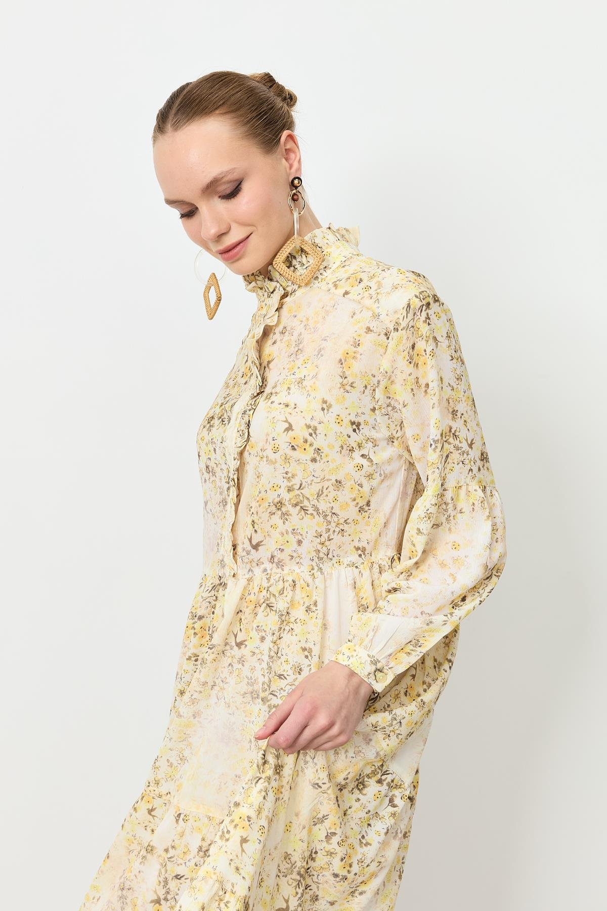 Farbela Detaylı Uzun Şifon Elbise-SARI