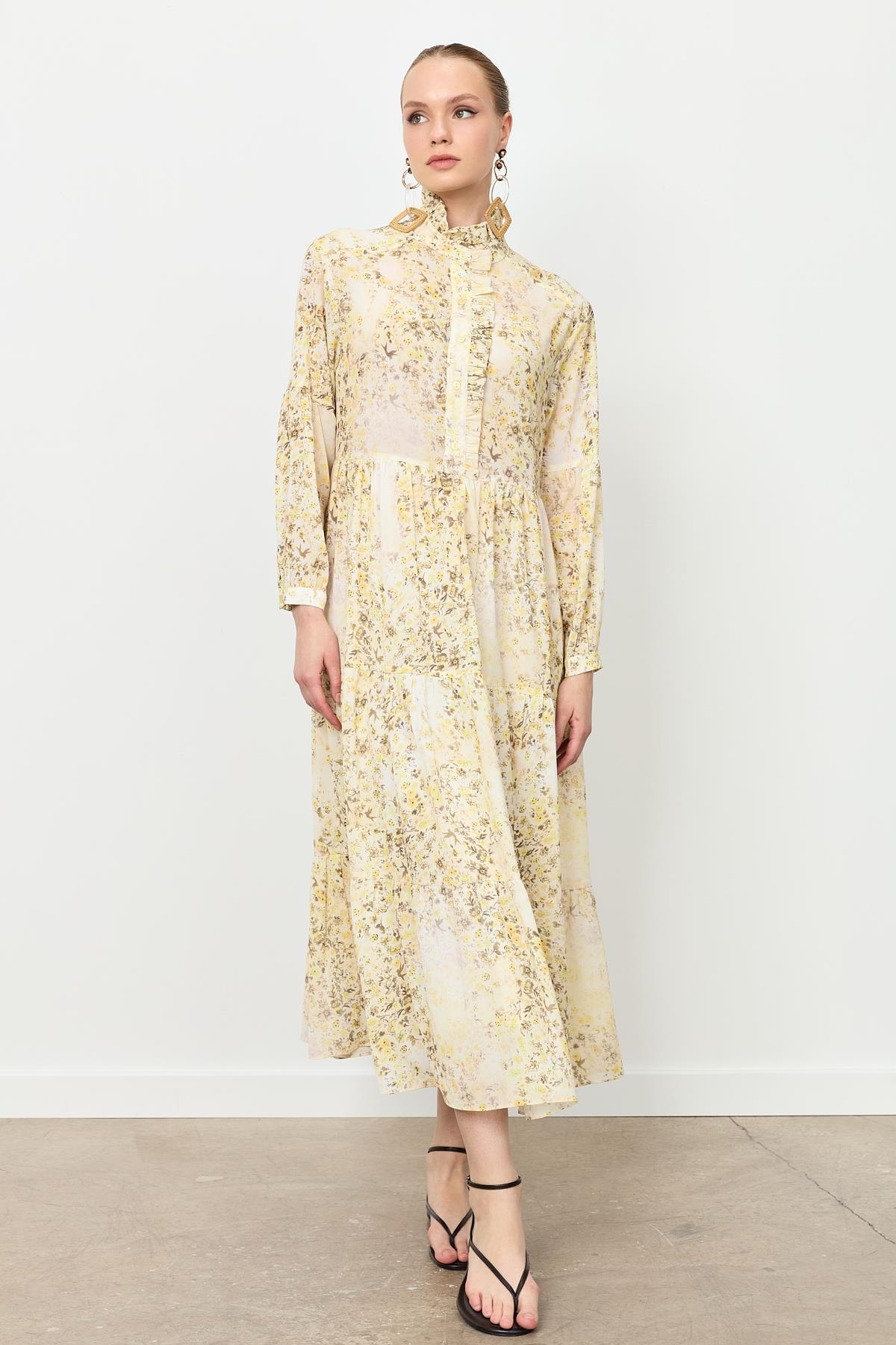 Farbela Detaylı Uzun Şifon Elbise-SARI