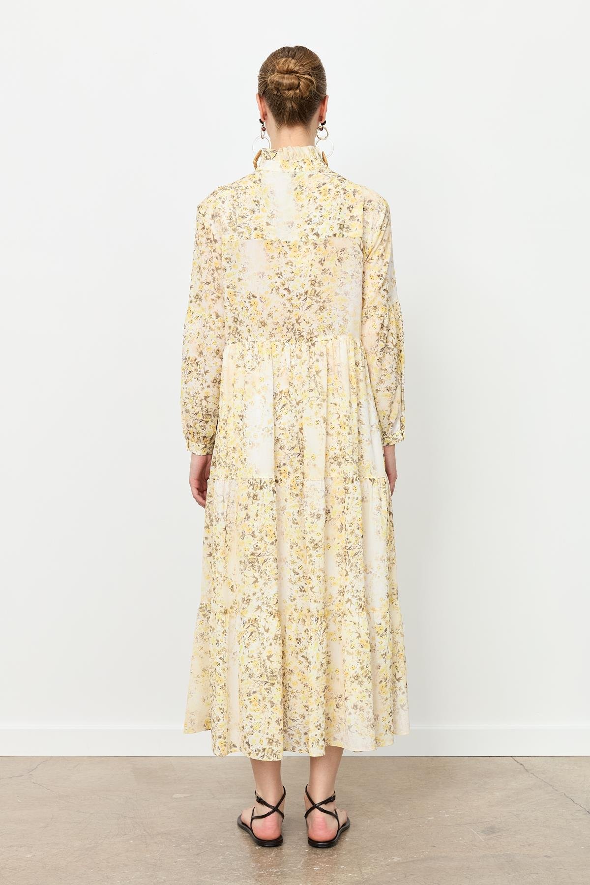 Farbela Detaylı Uzun Şifon Elbise-SARI