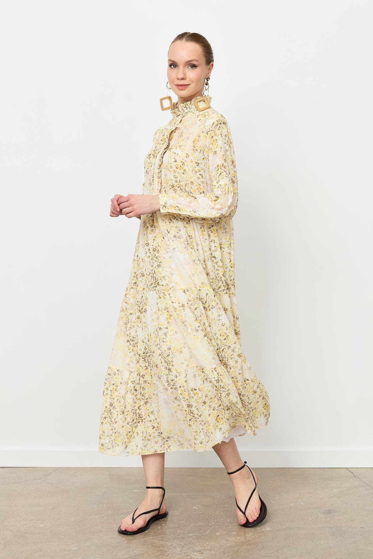 Farbela Detaylı Uzun Şifon Elbise-SARI