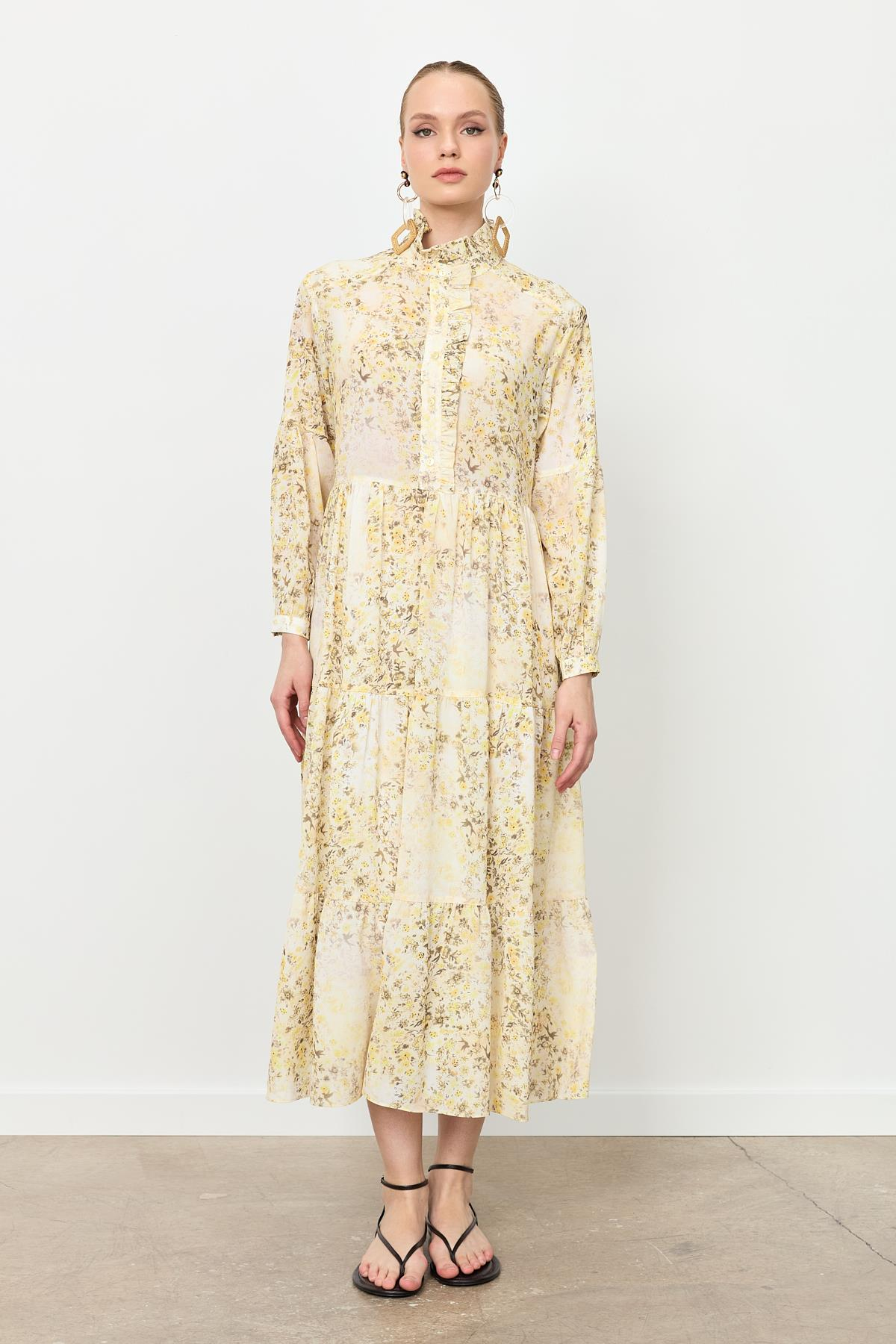 Farbela Detaylı Uzun Şifon Elbise-SARI