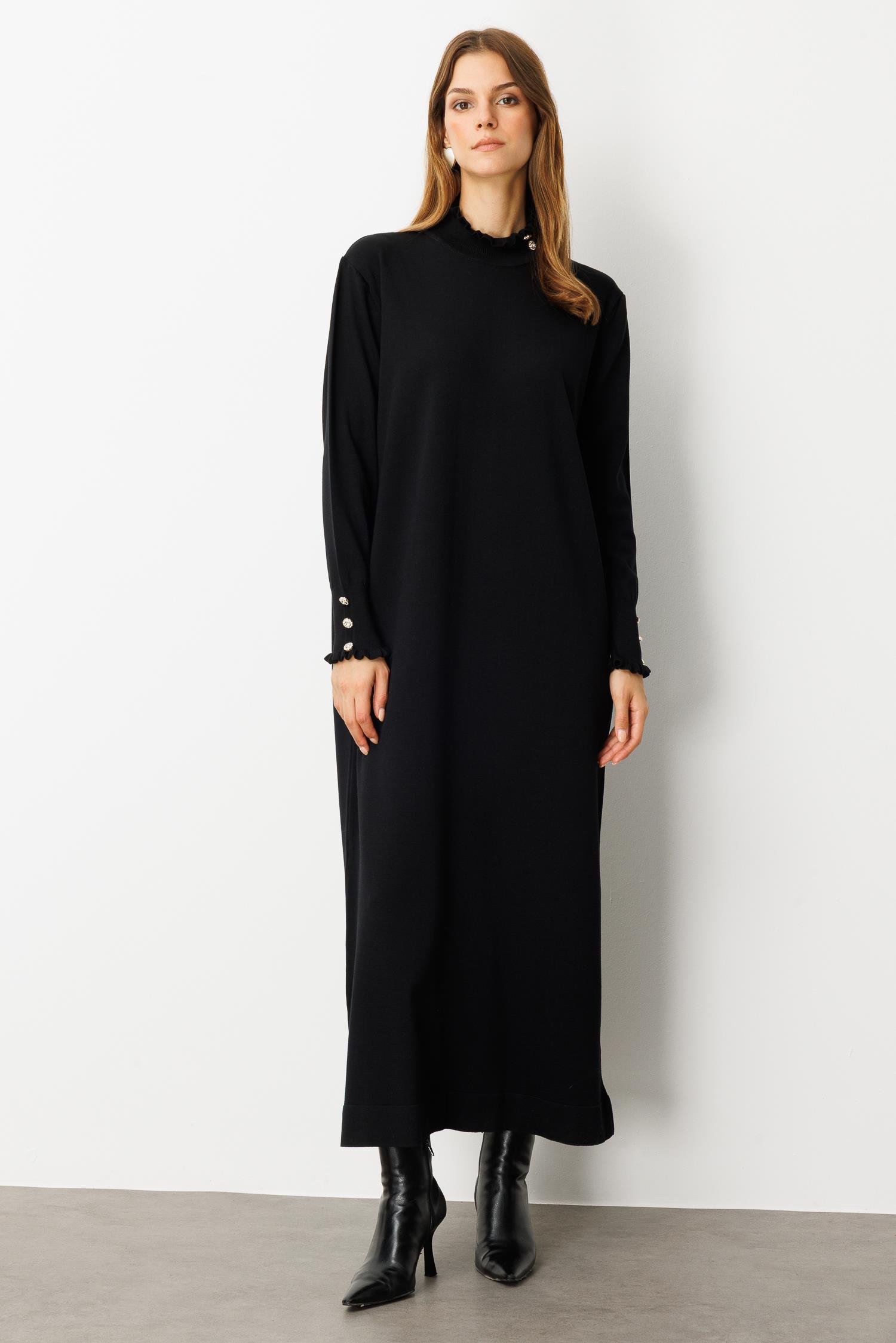 Farbela Detaylı Uzun Triko Elbise-SİYAH