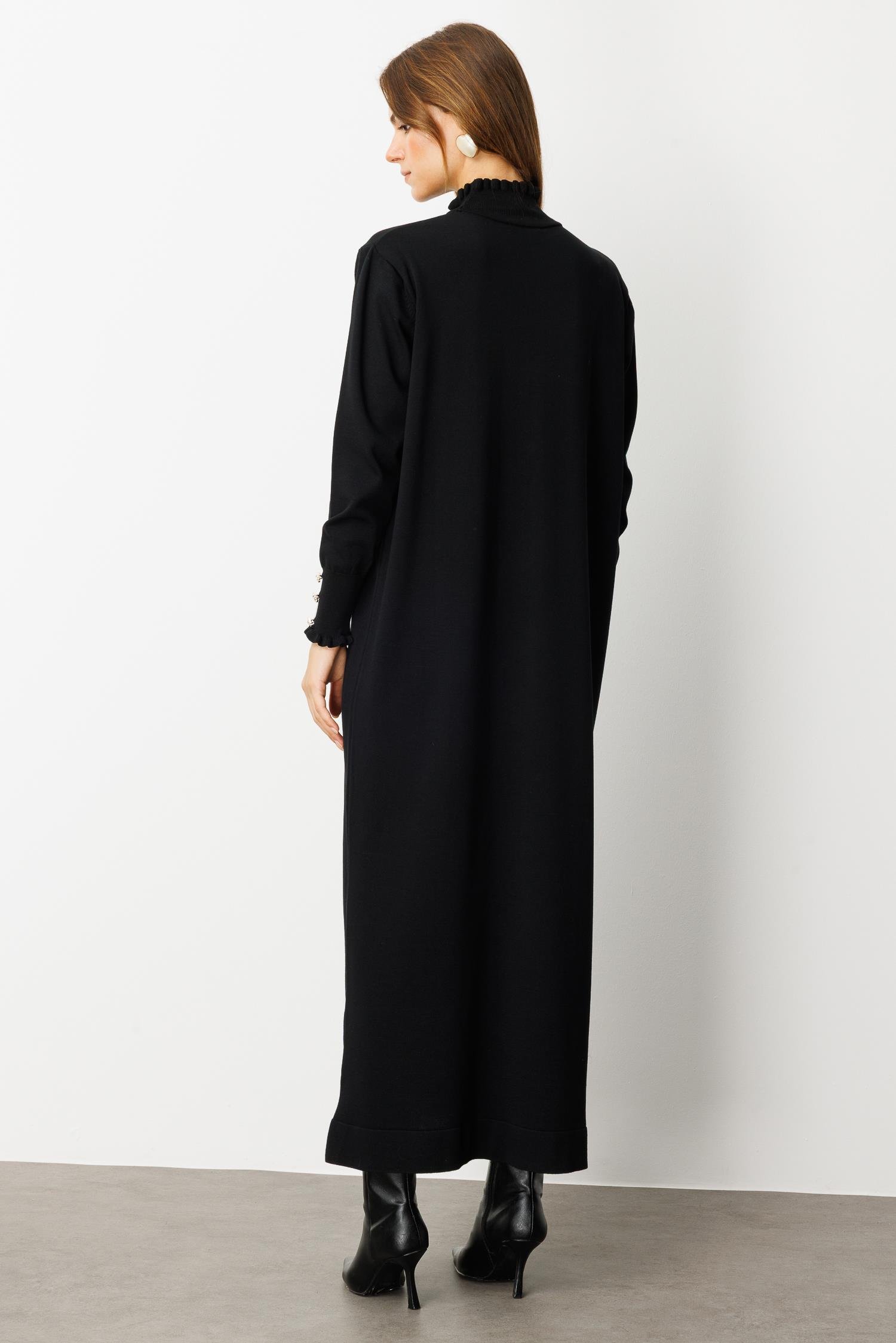 Farbela Detaylı Uzun Triko Elbise-SİYAH