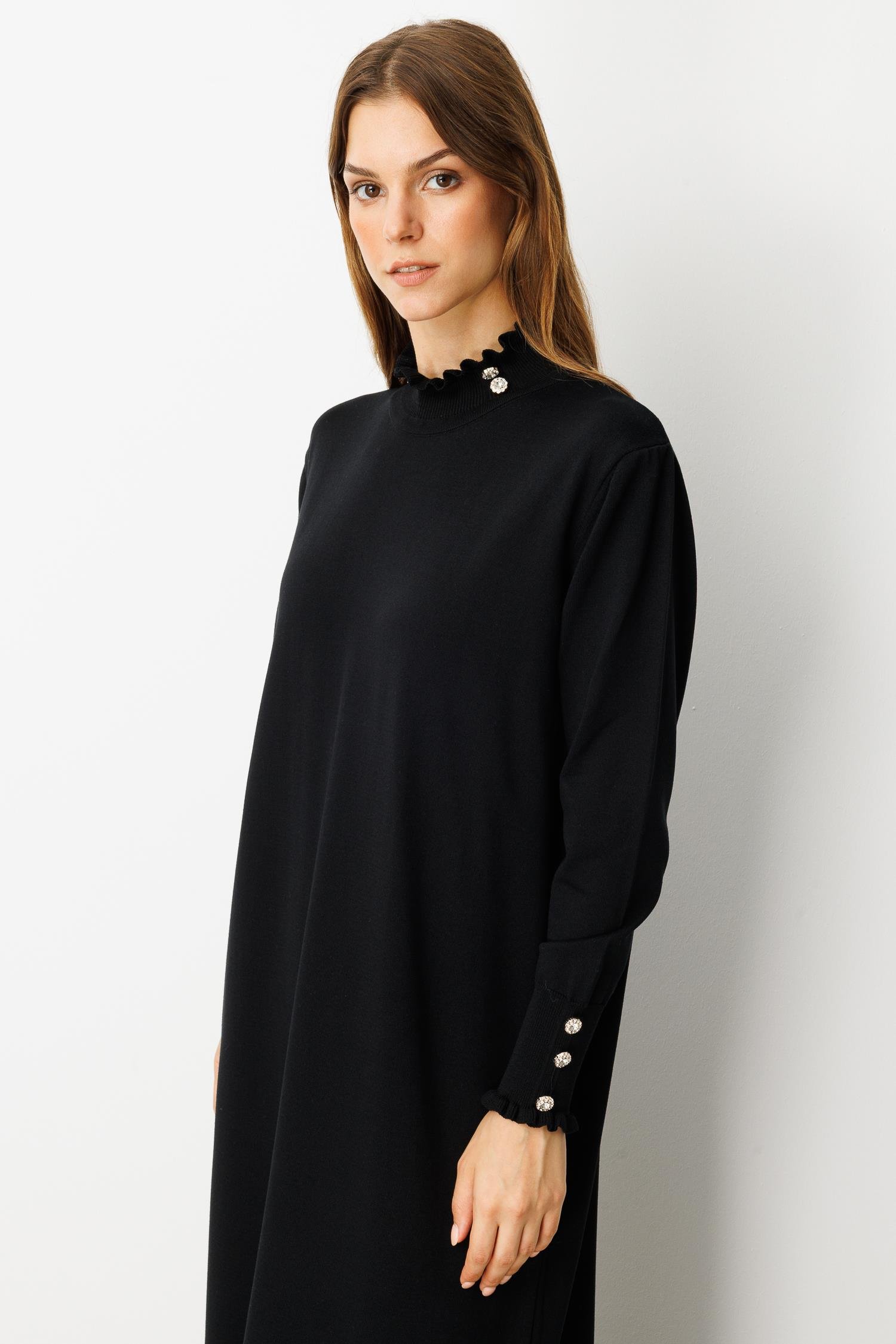 Farbela Detaylı Uzun Triko Elbise-SİYAH