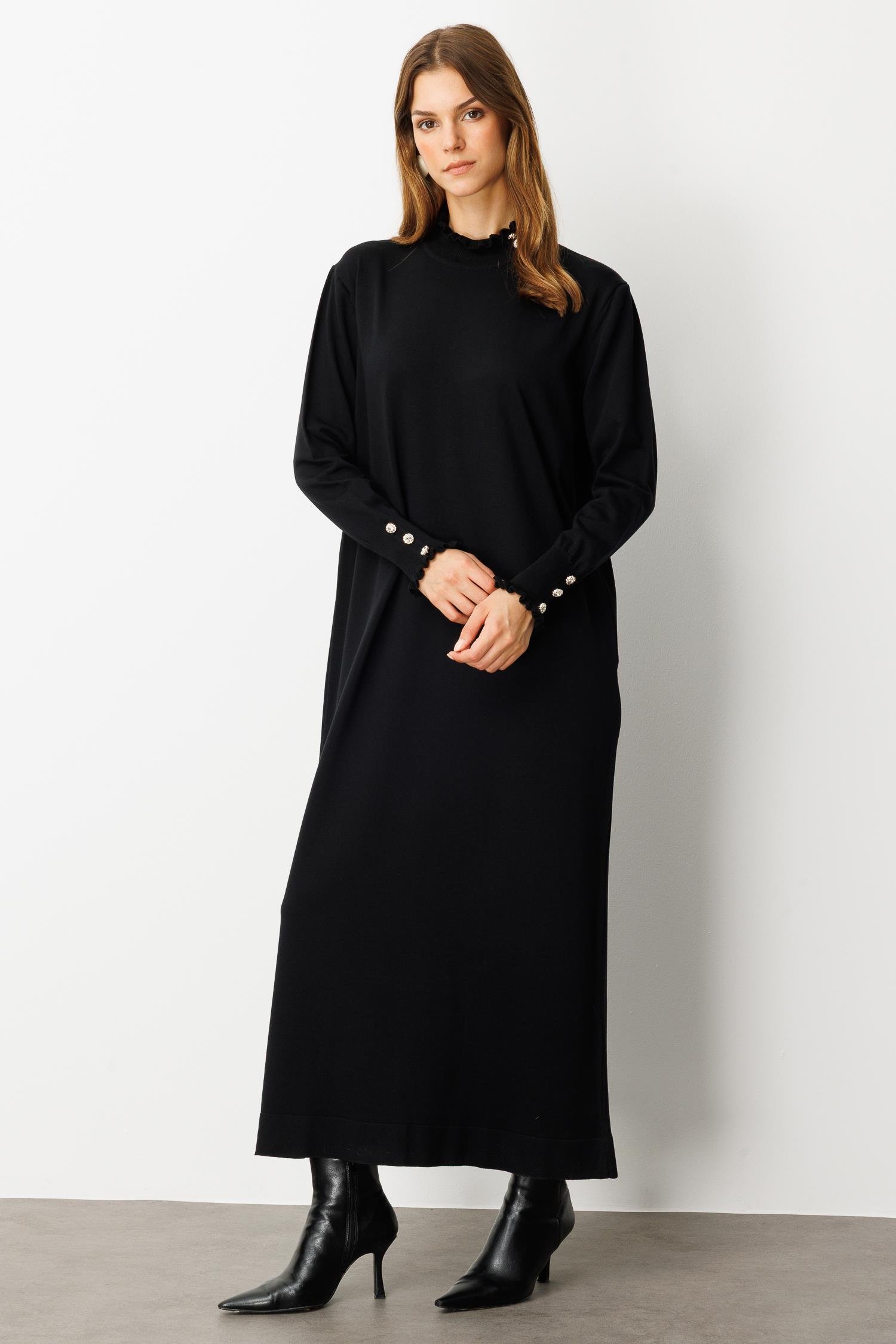 Farbela Detaylı Uzun Triko Elbise-SİYAH