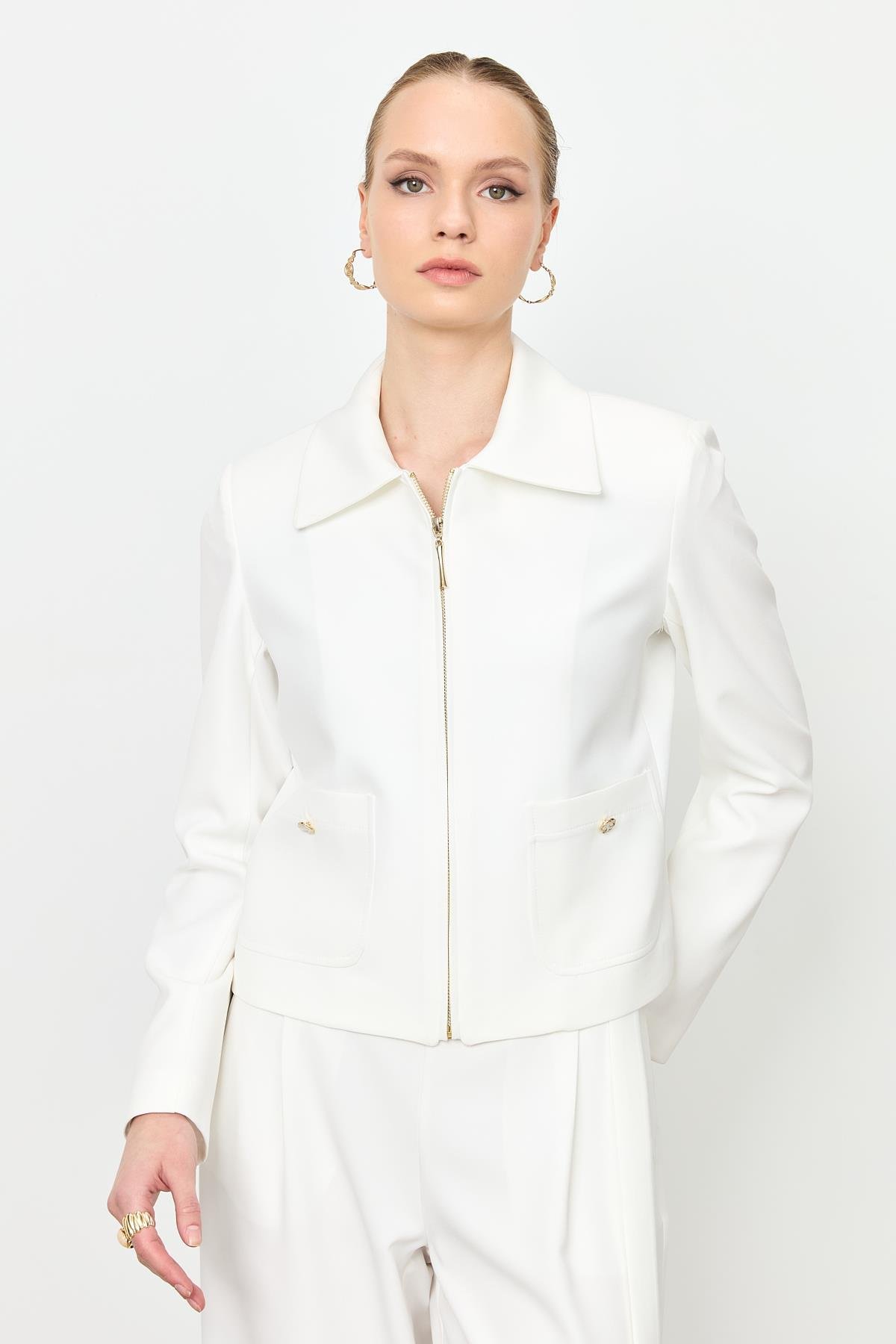 Fermuar Detaylı Kısa Ceket-KEMIK