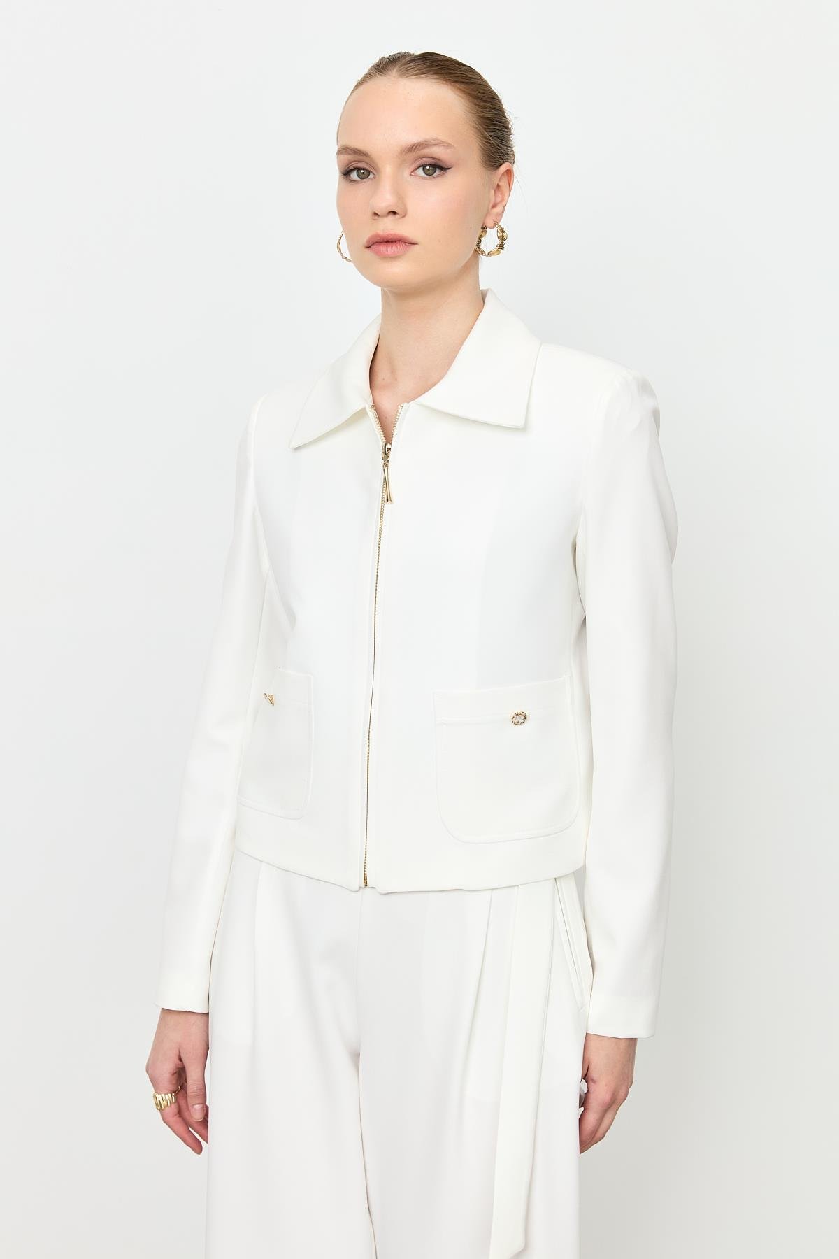 Fermuar Detaylı Kısa Ceket-KEMIK