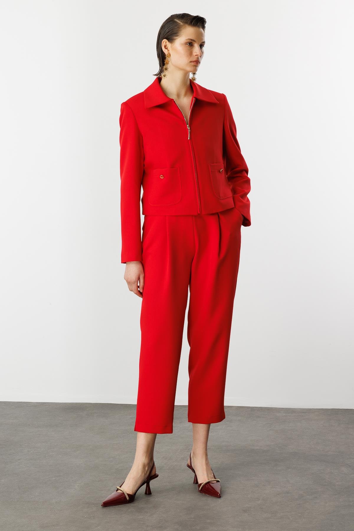 Fermuar Detaylı Kısa Ceket-KIRMIZI