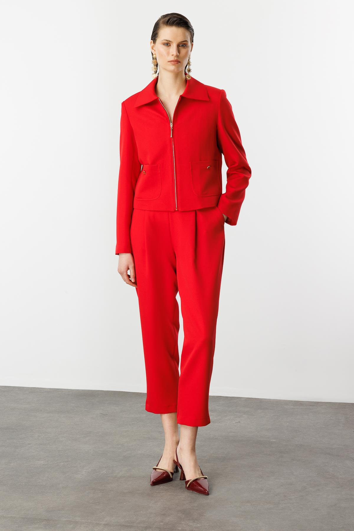 Fermuar Detaylı Kısa Ceket-KIRMIZI