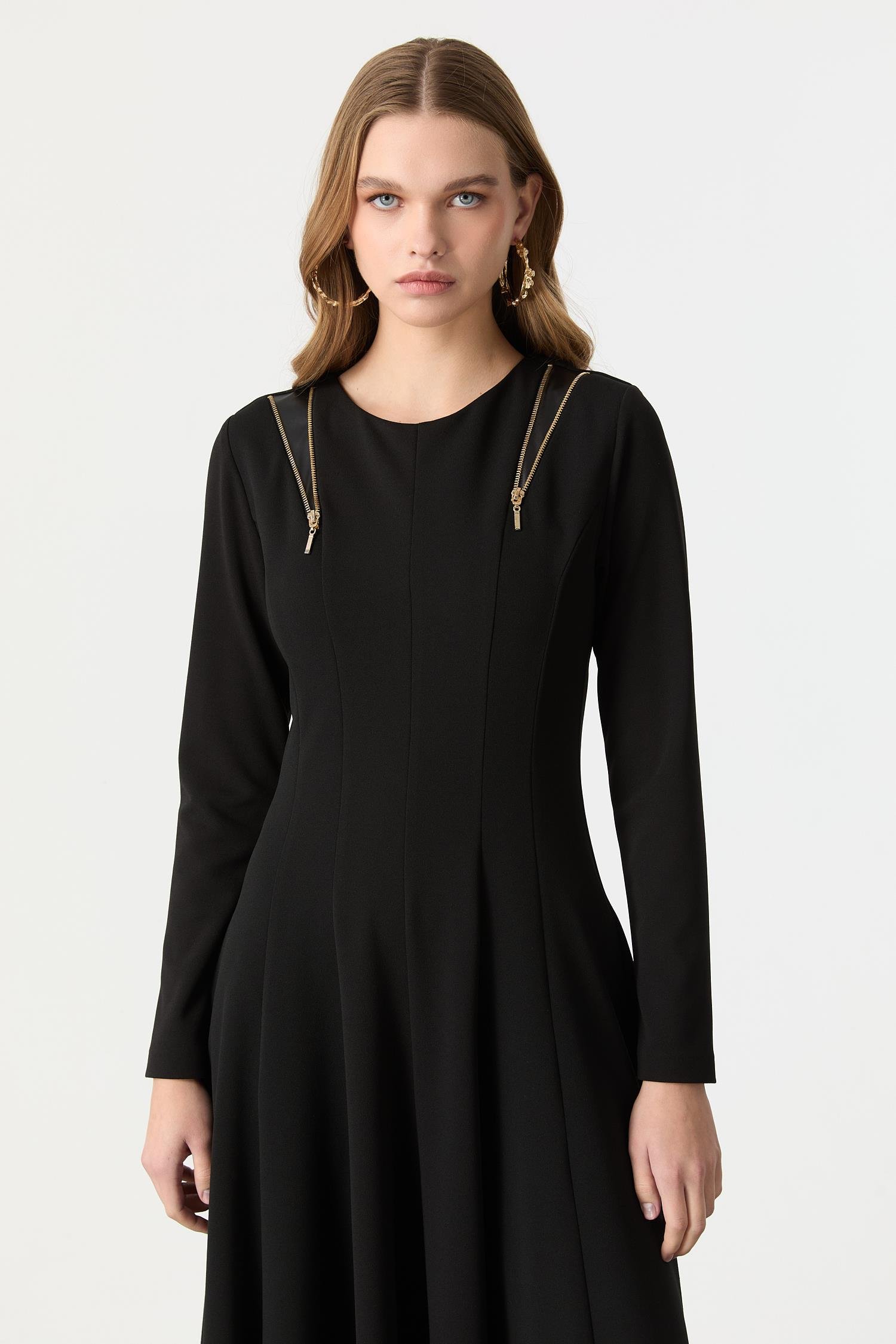 Fermuar Kombinli Krep Elbise-SİYAH