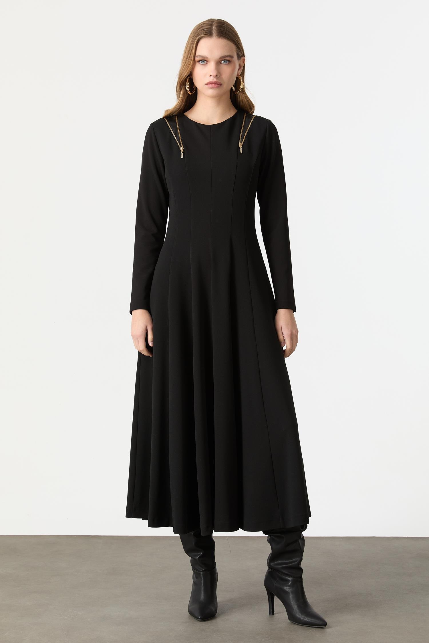 Fermuar Kombinli Krep Elbise-SİYAH