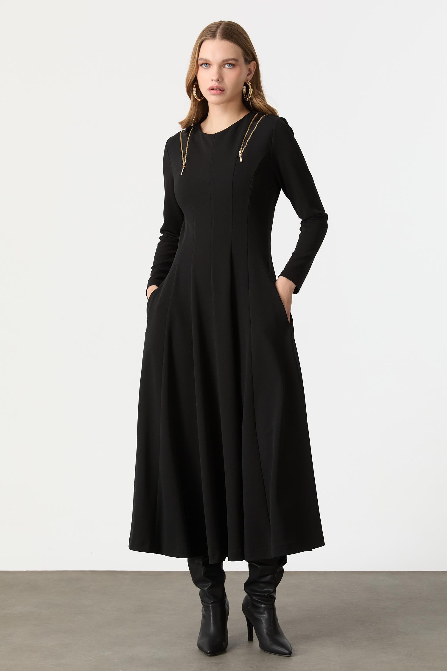 Fermuar Kombinli Krep Elbise-SİYAH