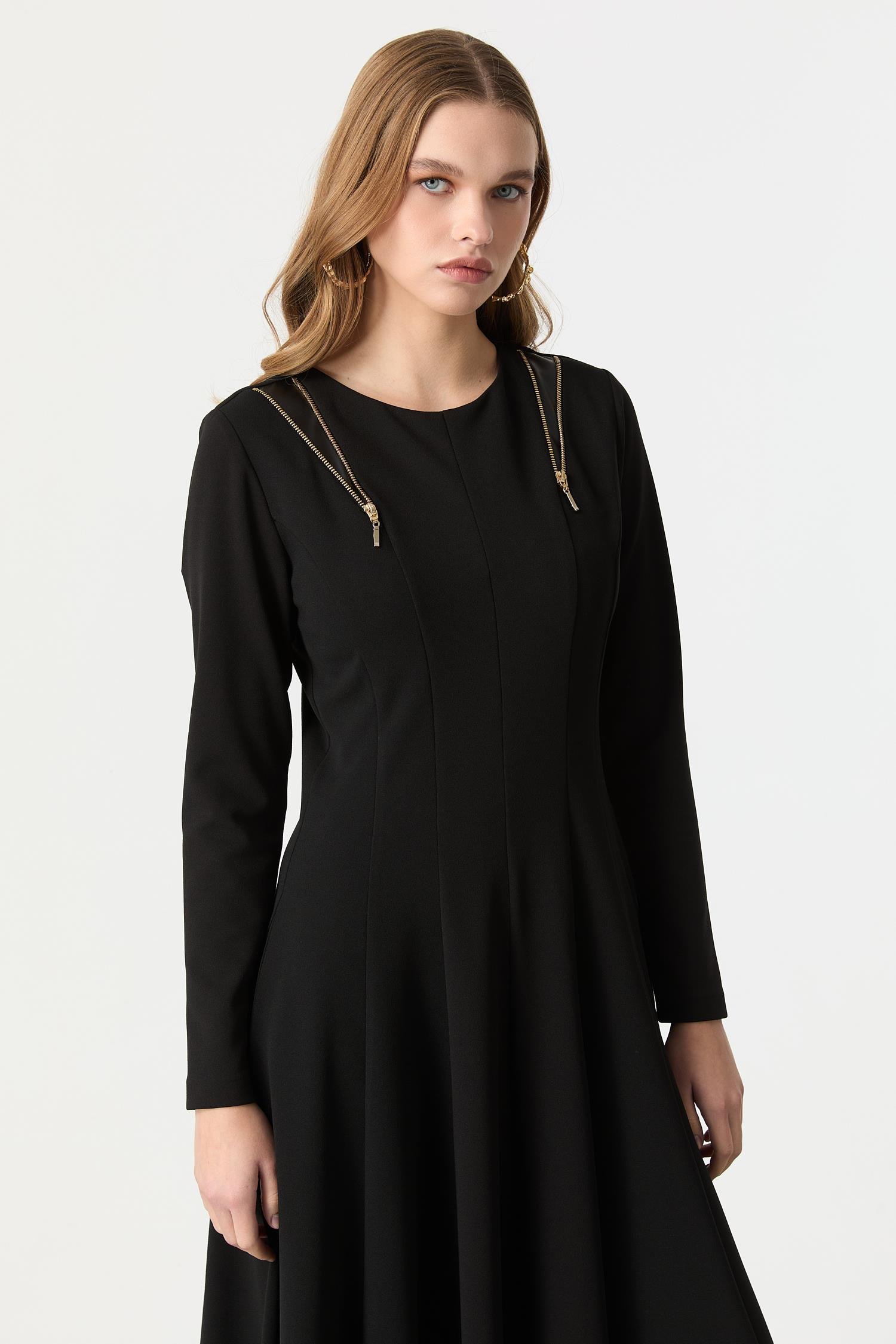 Fermuar Kombinli Krep Elbise-SİYAH