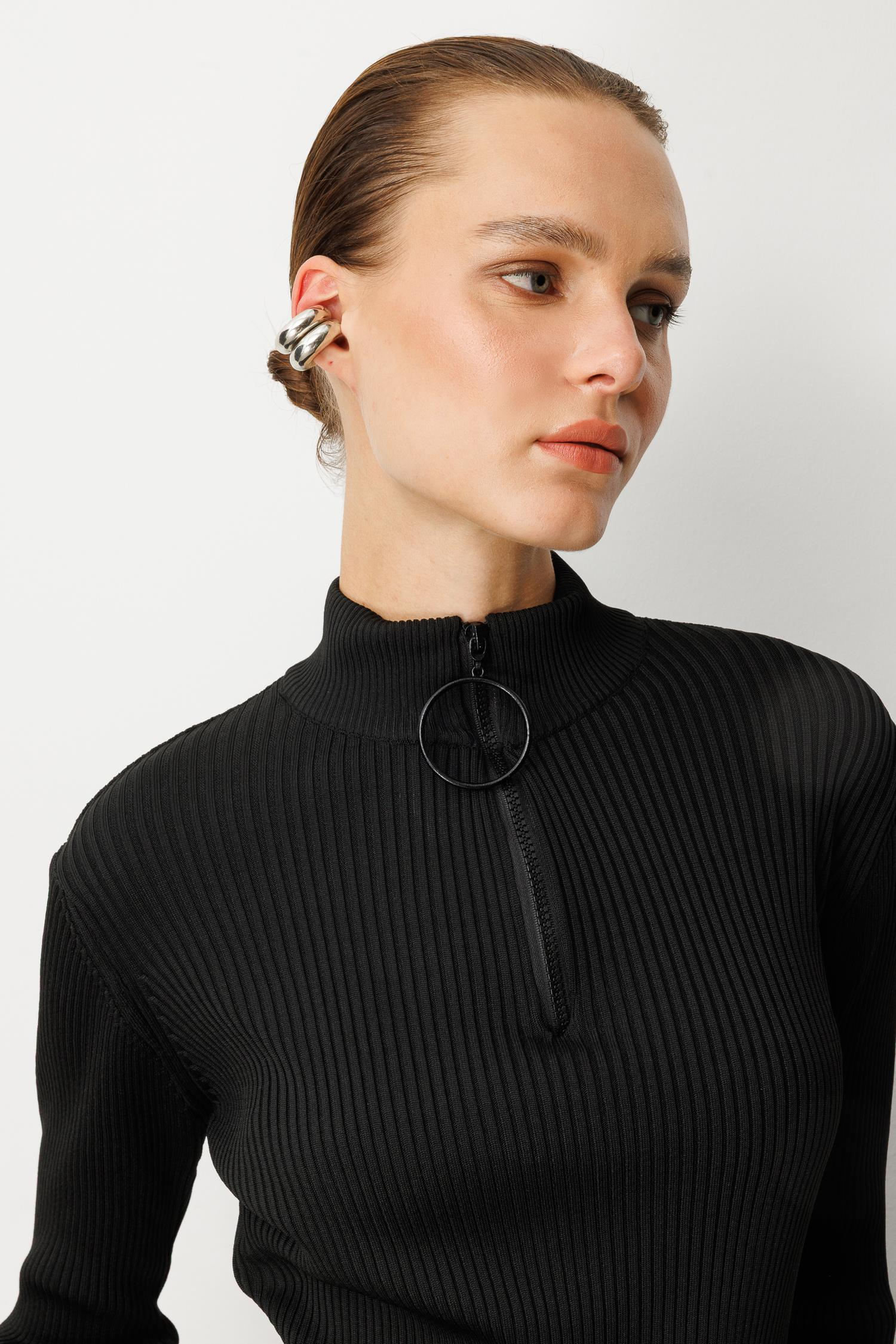 Fermuar Yaka Yarım Balıkçı Triko Kazak-SİYAH