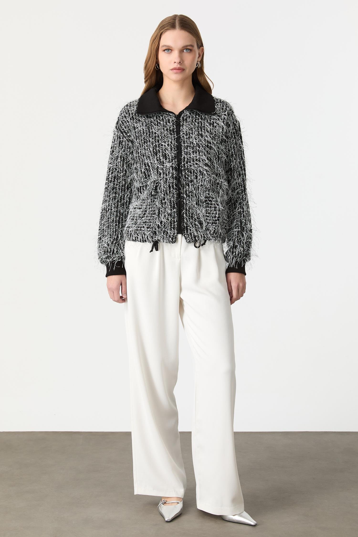 Fermuarlı Örme Bluz-SİYAH/BEYAZ