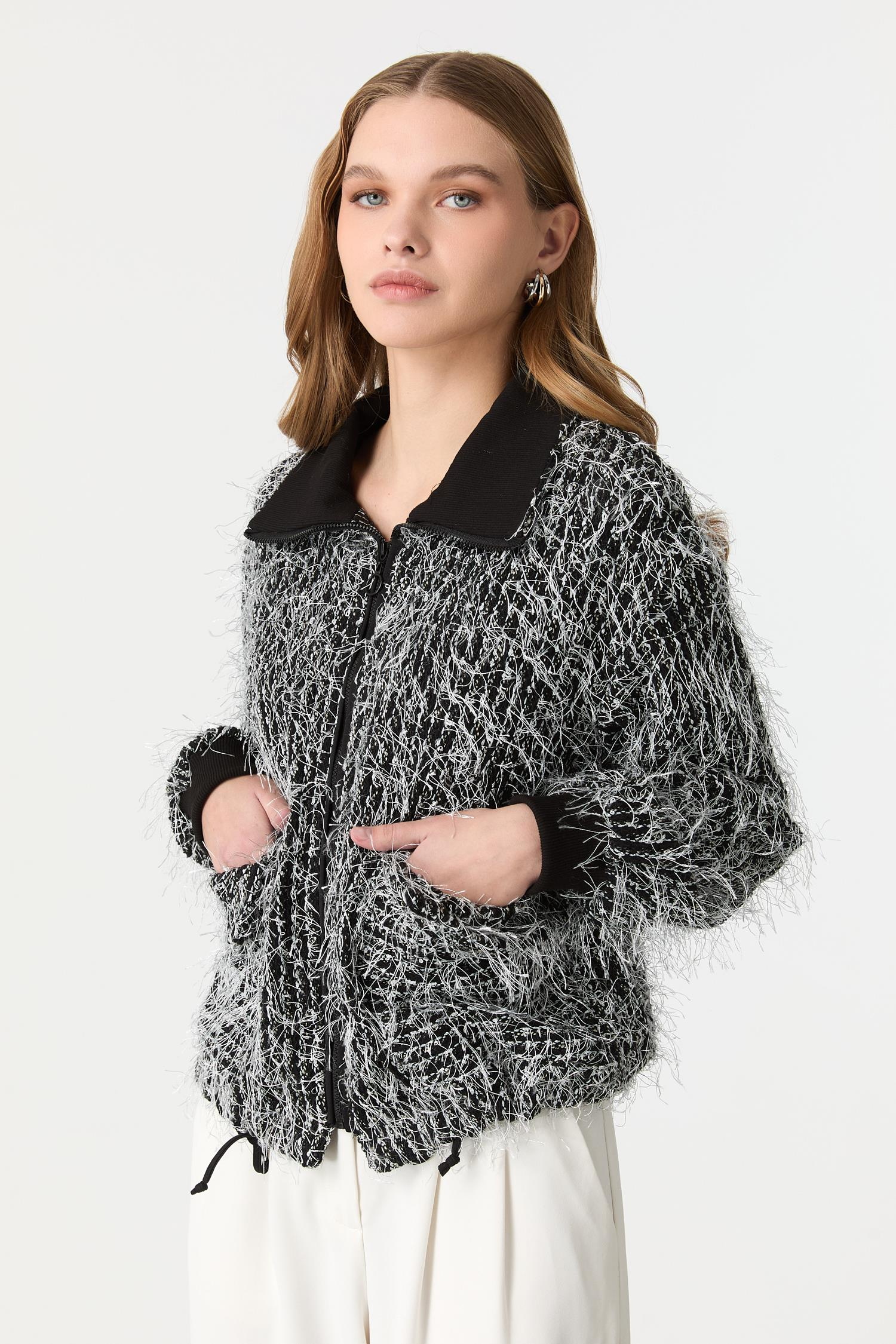 Fermuarlı Örme Bluz-SİYAH/BEYAZ