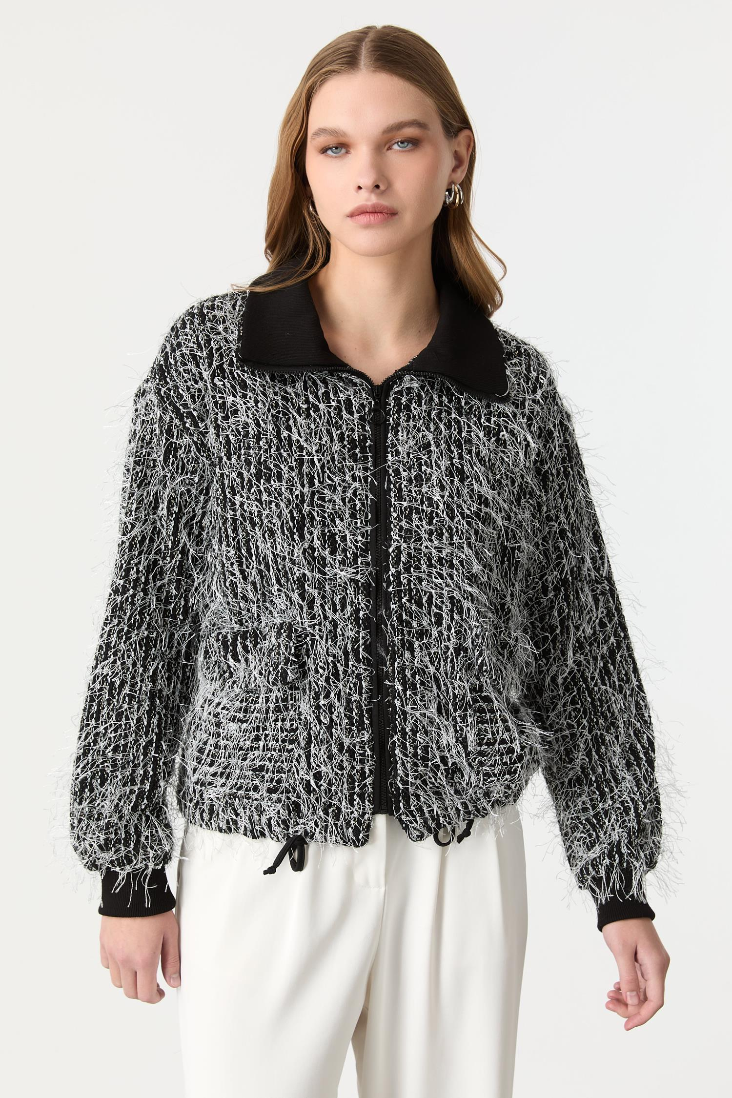 Fermuarlı Örme Bluz-SİYAH/BEYAZ