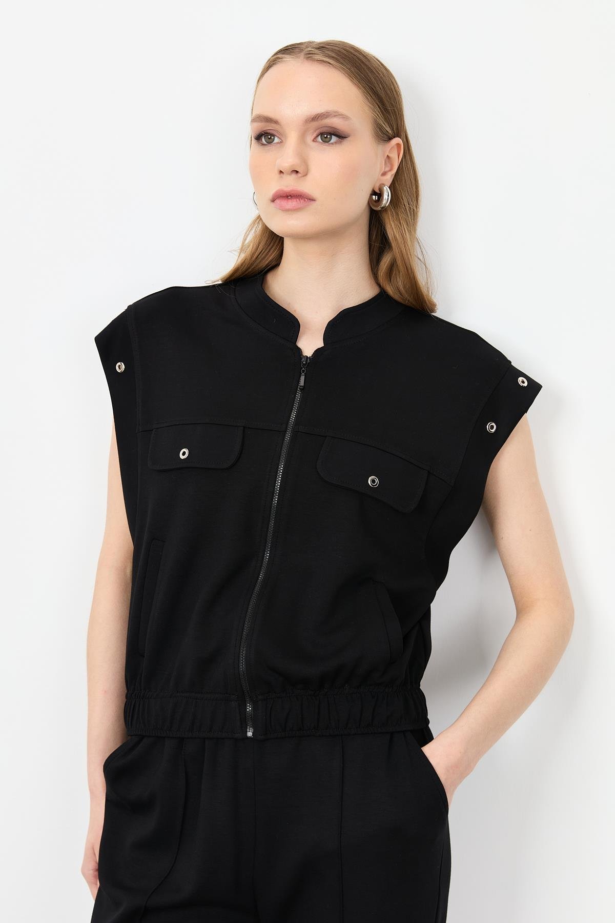 Fermuarlı Penye Yelek-SİYAH