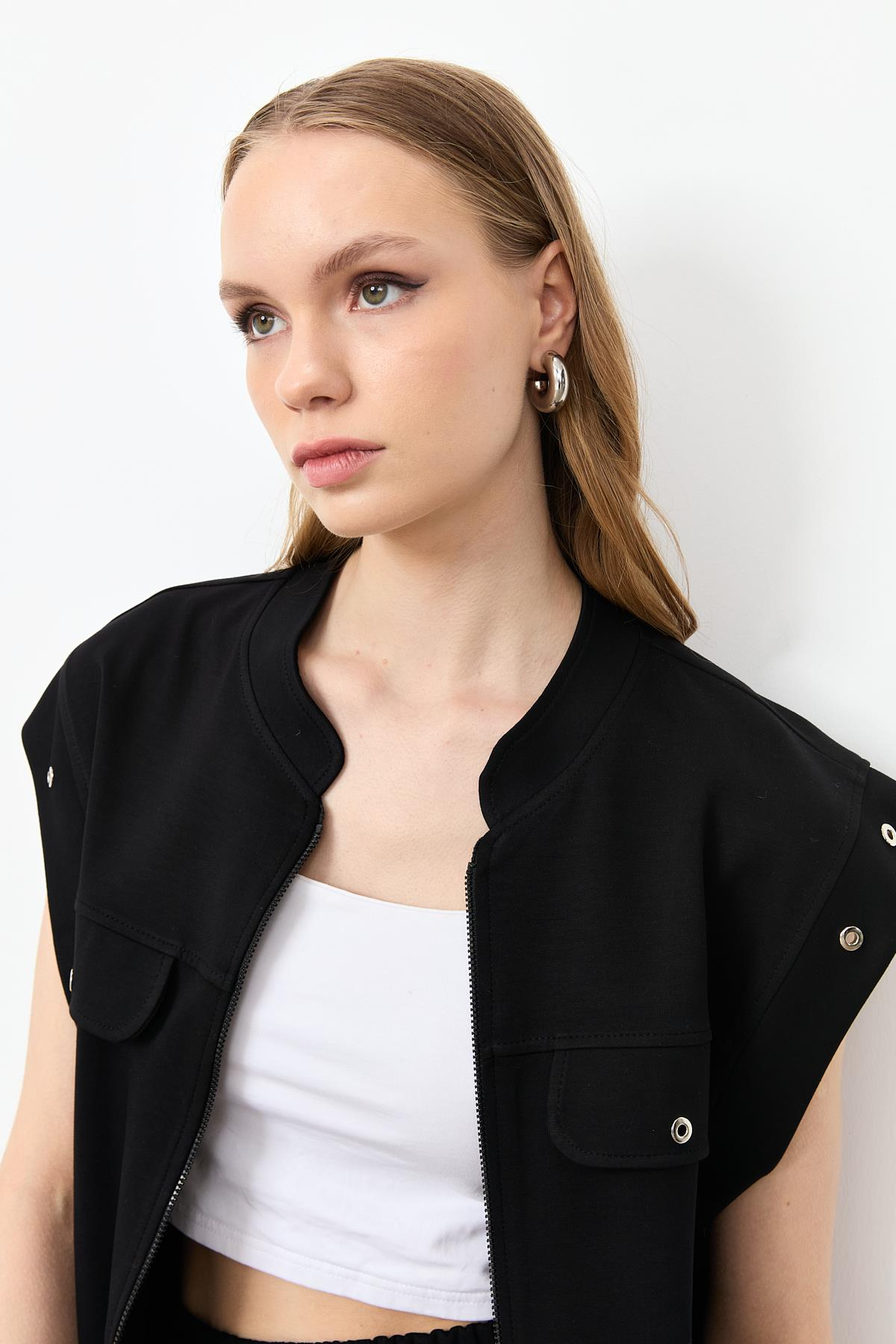 Fermuarlı Penye Yelek-SİYAH