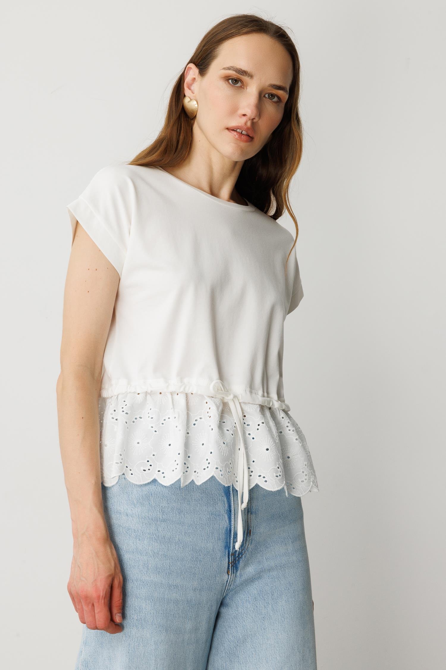 Fisto Detay Pamuklu Penye Tişört-KEMIK